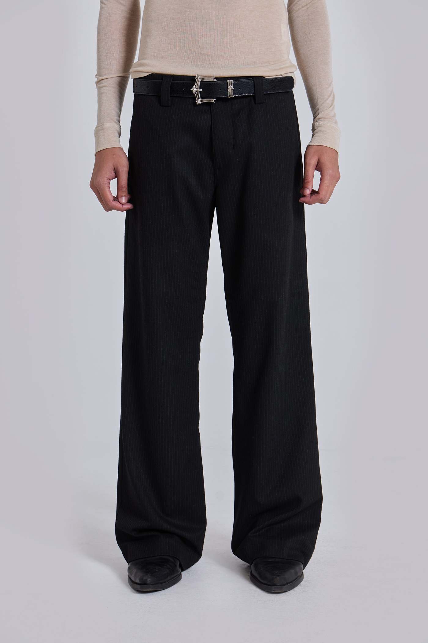 Black Pinstripe Stacked Straight Suit Pants | Jaded London
