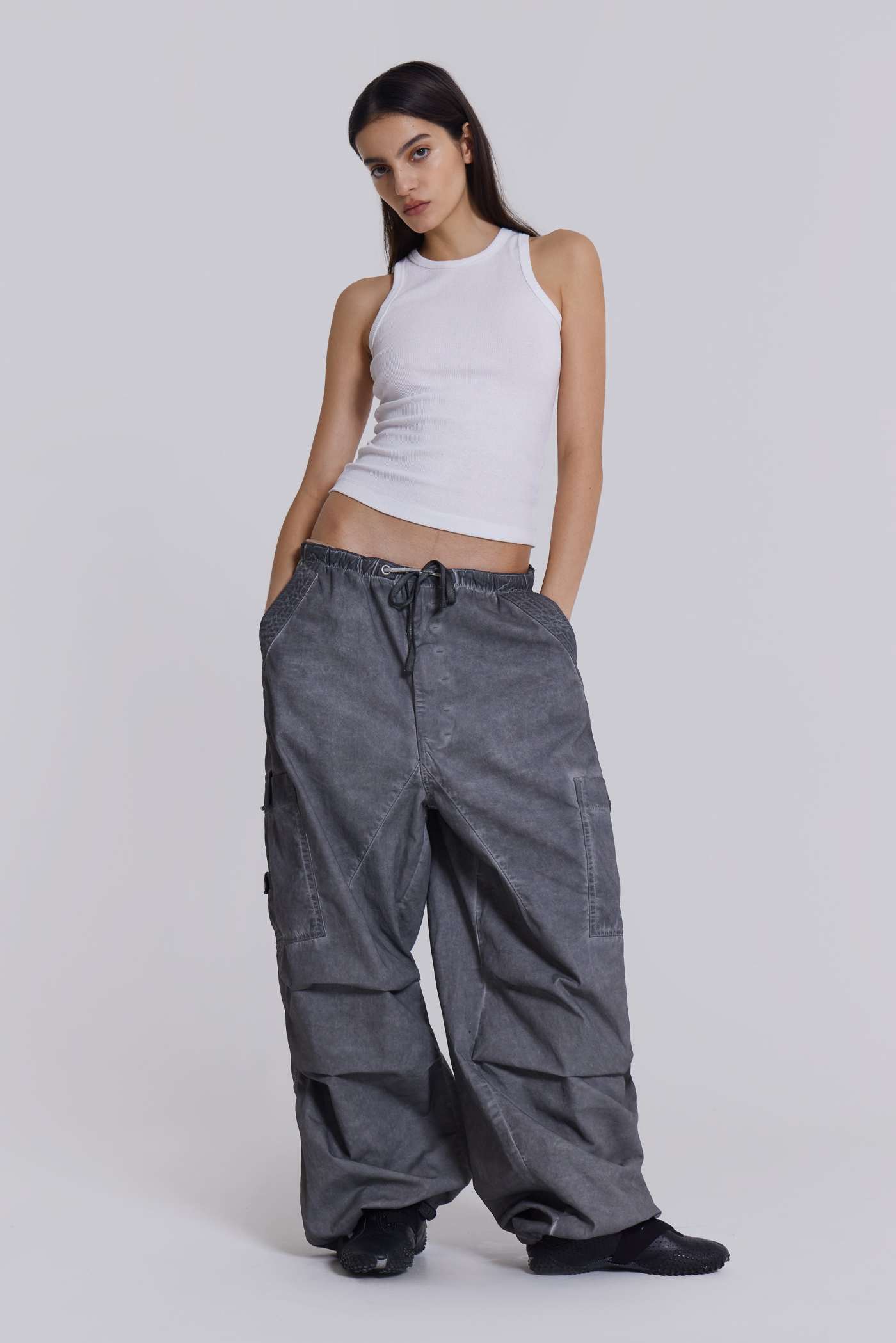 Black Oil Wash Parachute Pants