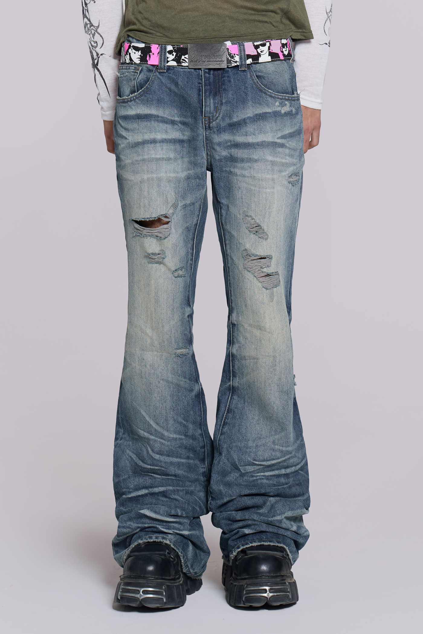 Mid Blue Distressed Creased Drift Flared Jeans