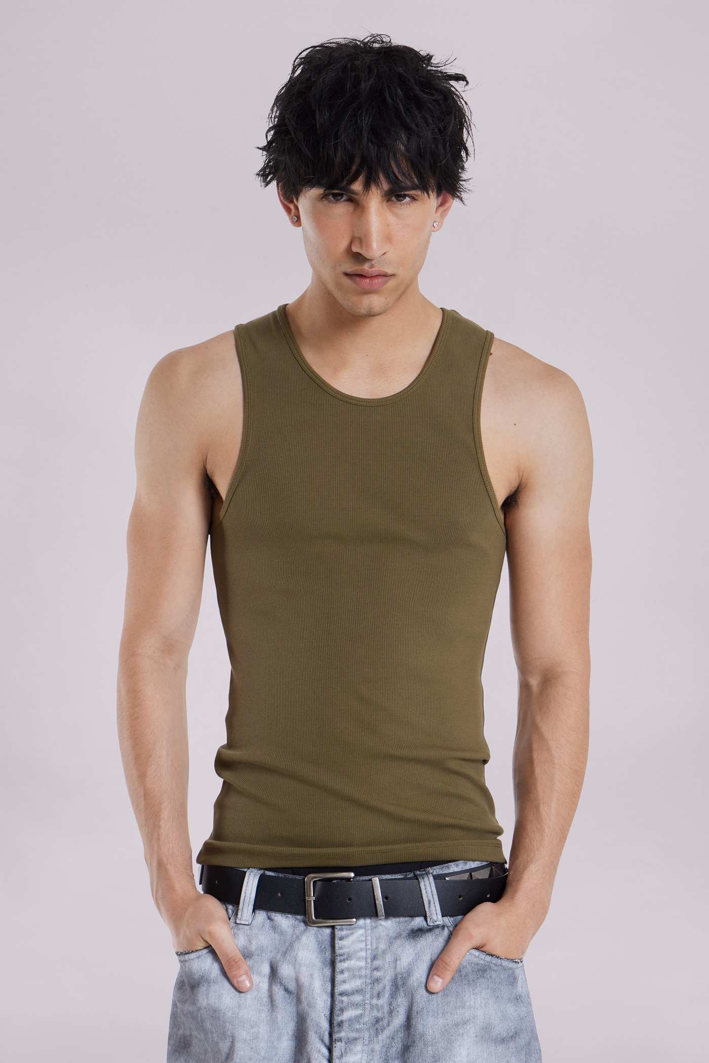 Khaki Rib Full Length Vest | Jaded London