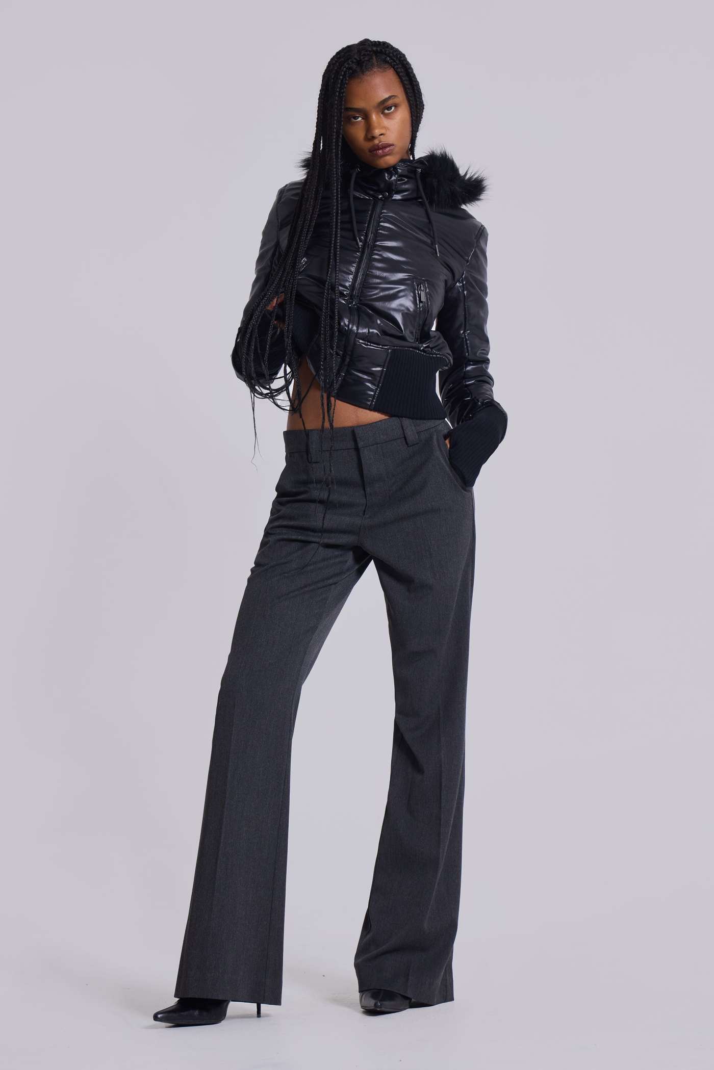 Grey Stacked Bootcut Suit Pants