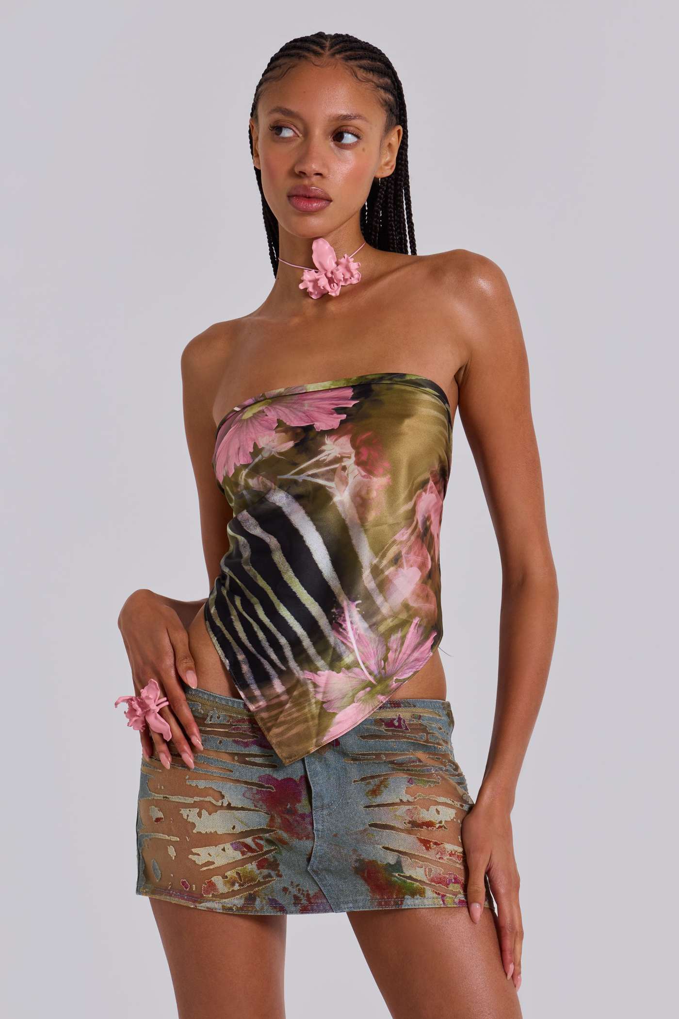 Lucid Burnout Denim Floral Micro Mini Skirt