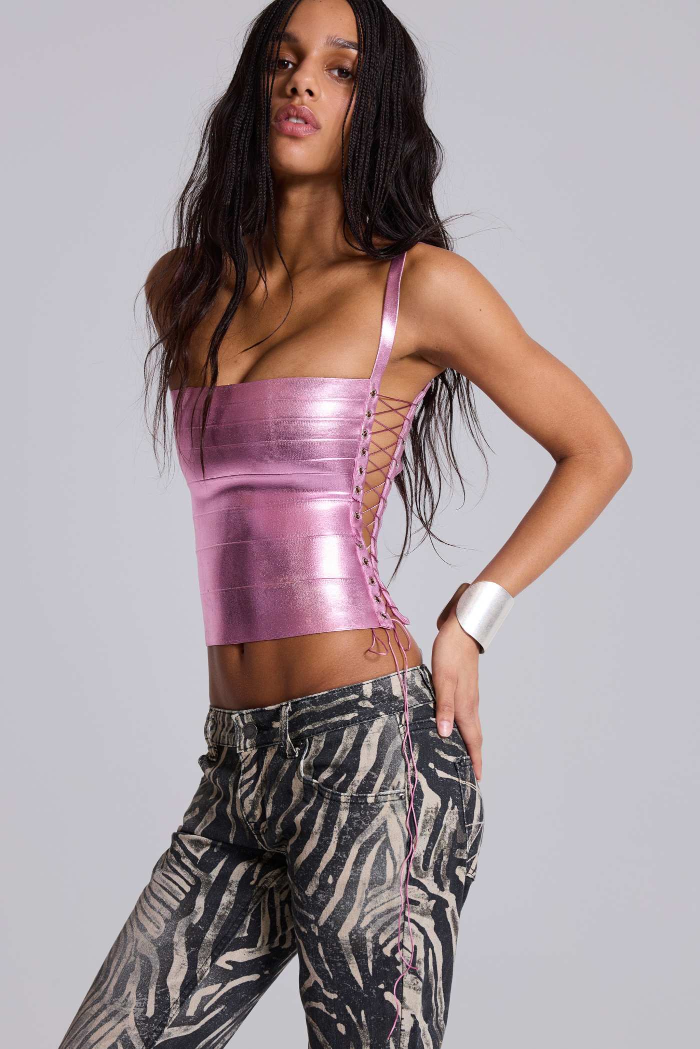 Idol Metallic Bandage Corset Top in Pink