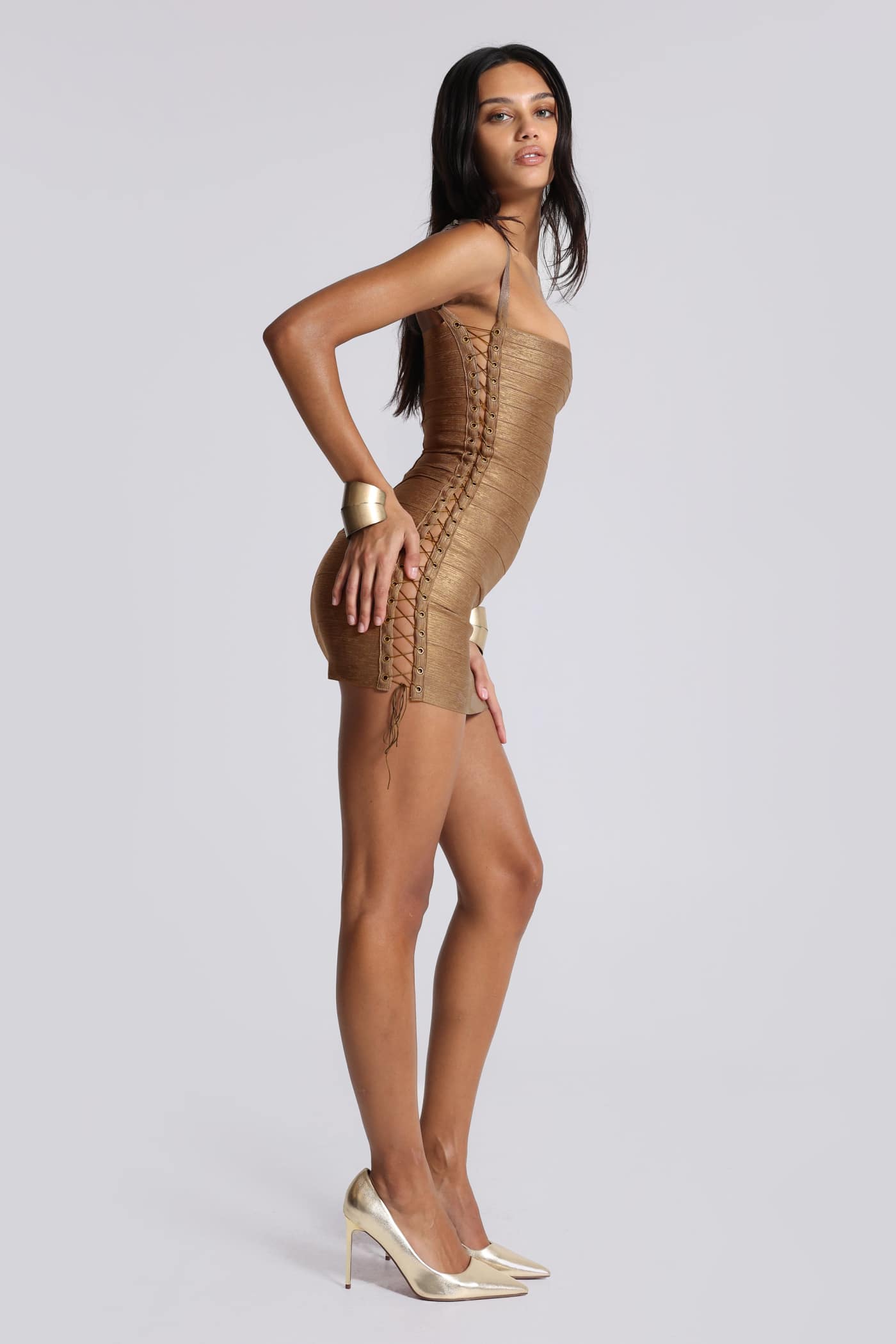 Idol Metallic Bandage Mini Dress in Bronze