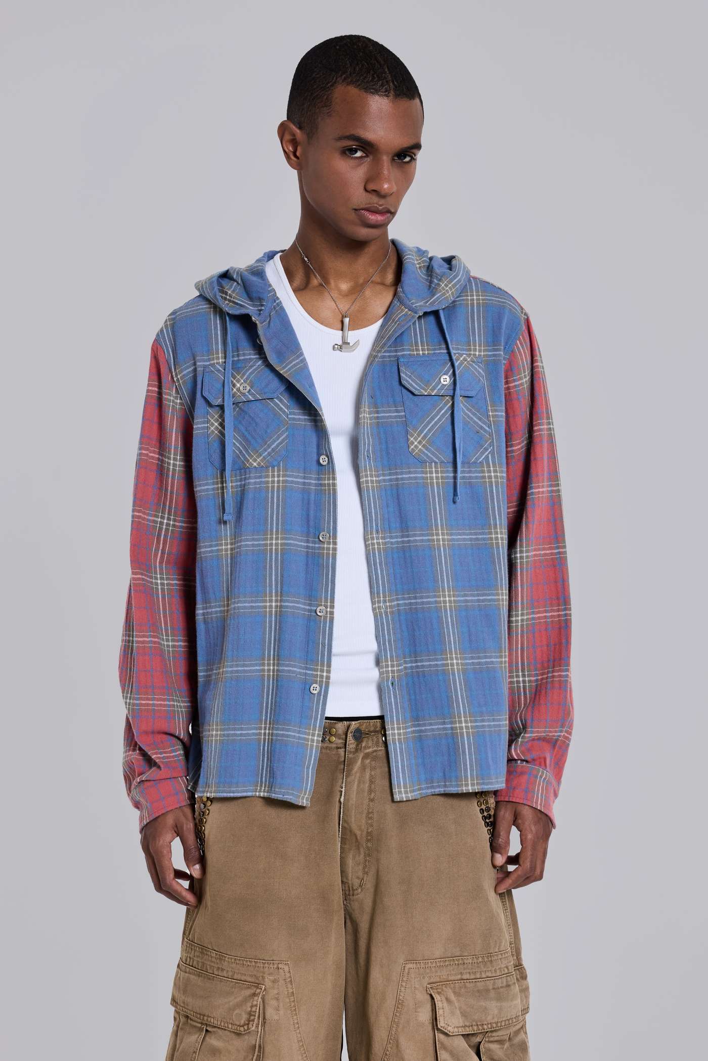 Checked Button-Up Hooded Shirt