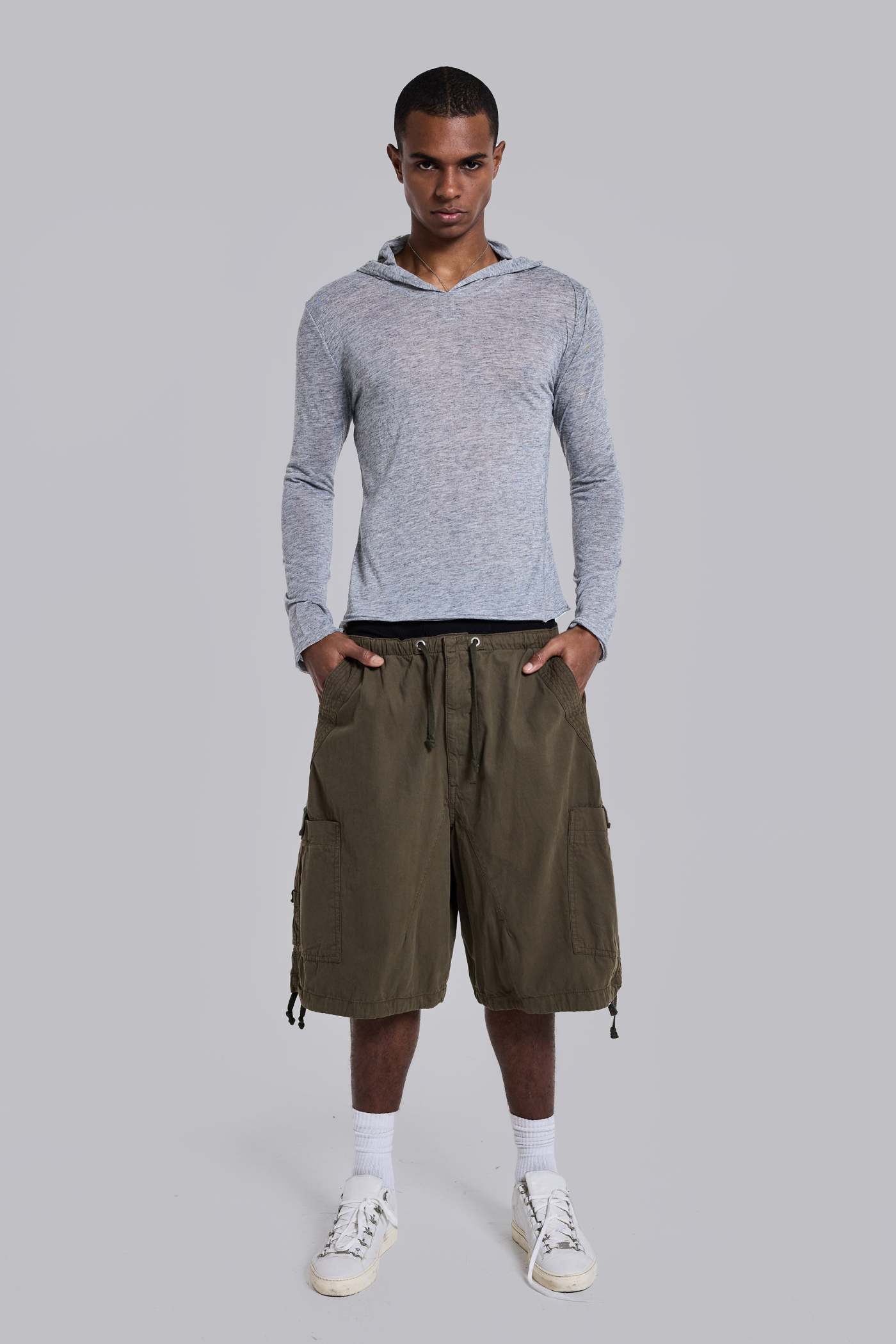 Khaki Parachute Cargo Baggy Shorts