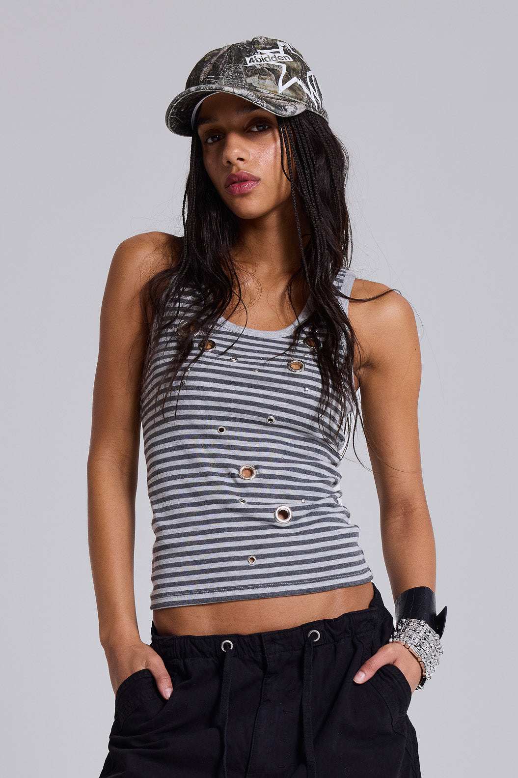 Eye Contact Vest Top With Eyelets in Stripe