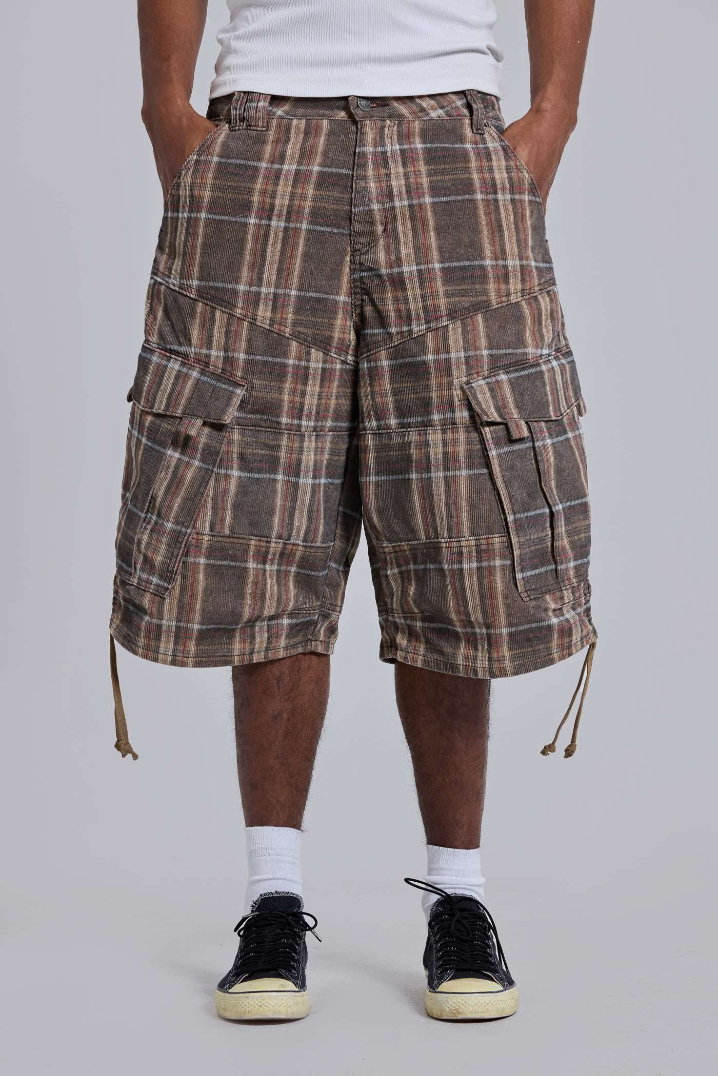 BROWN CHECK CORD CADET SHORTS