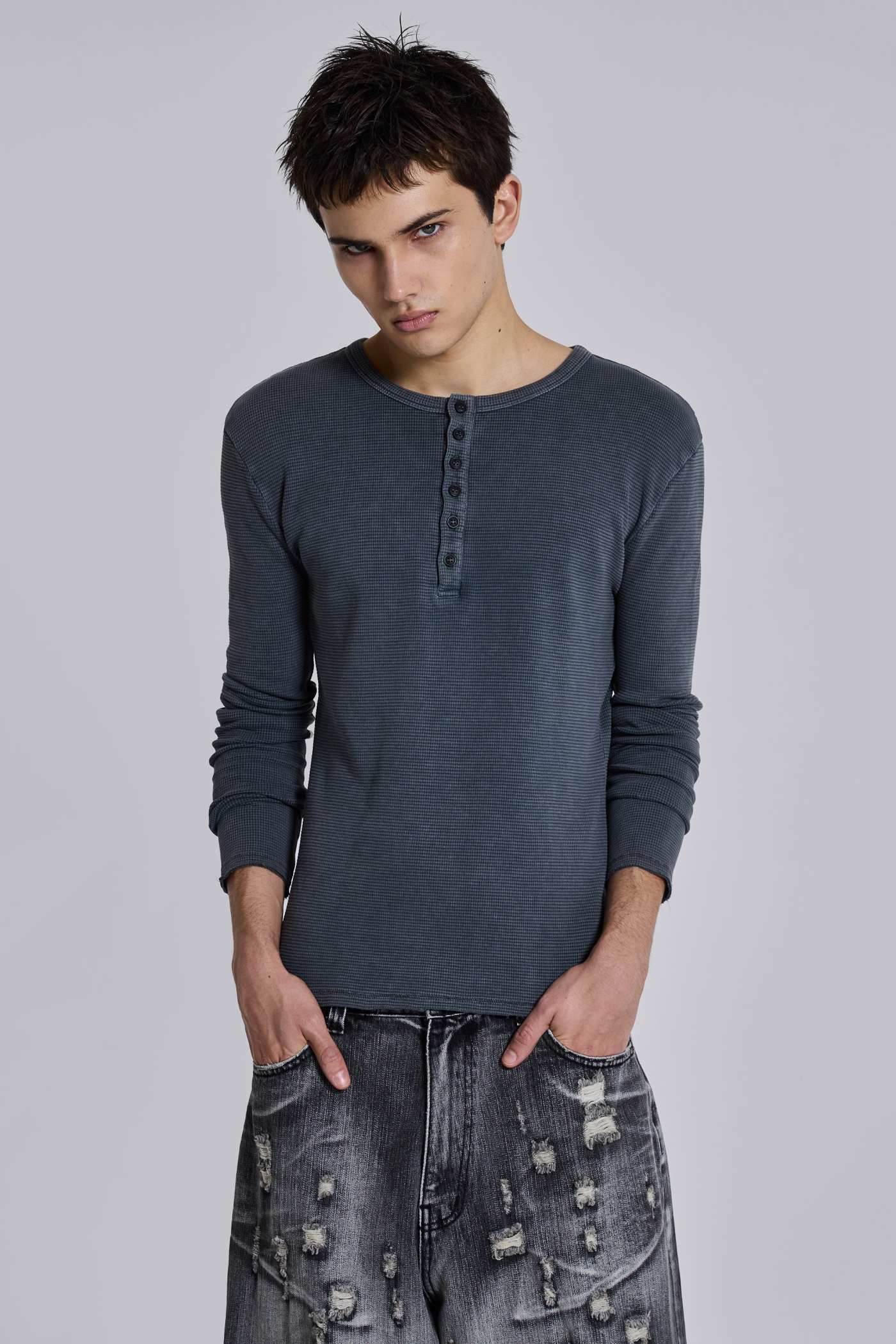 Charcoal Waffle Henley Top