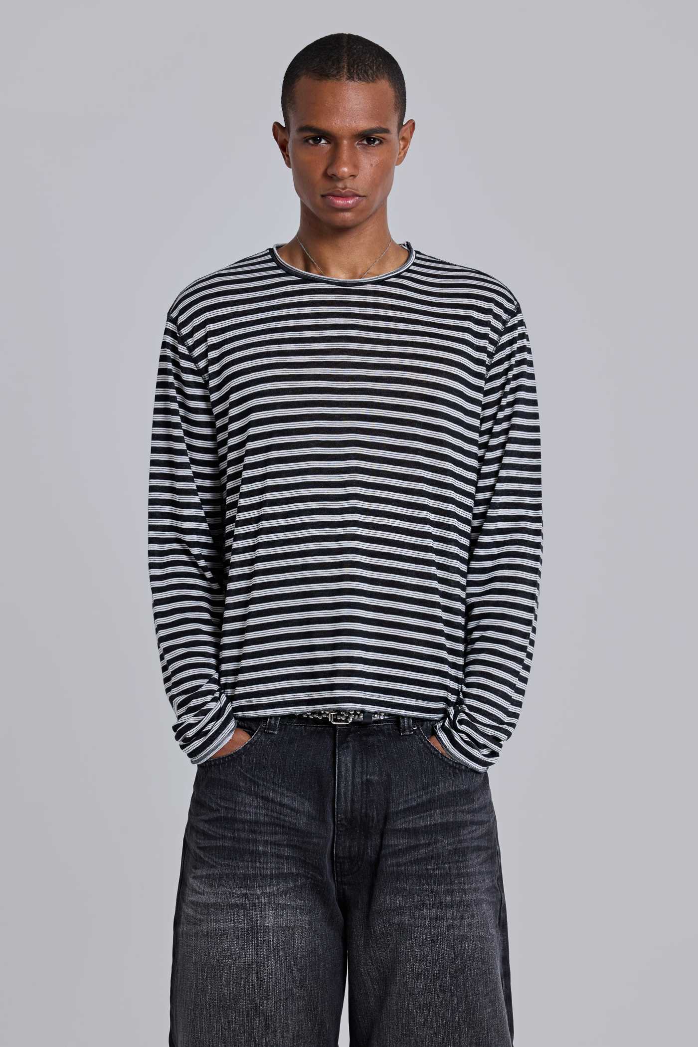 Black and White Light Weight Raw Edge Long Sleeve Top