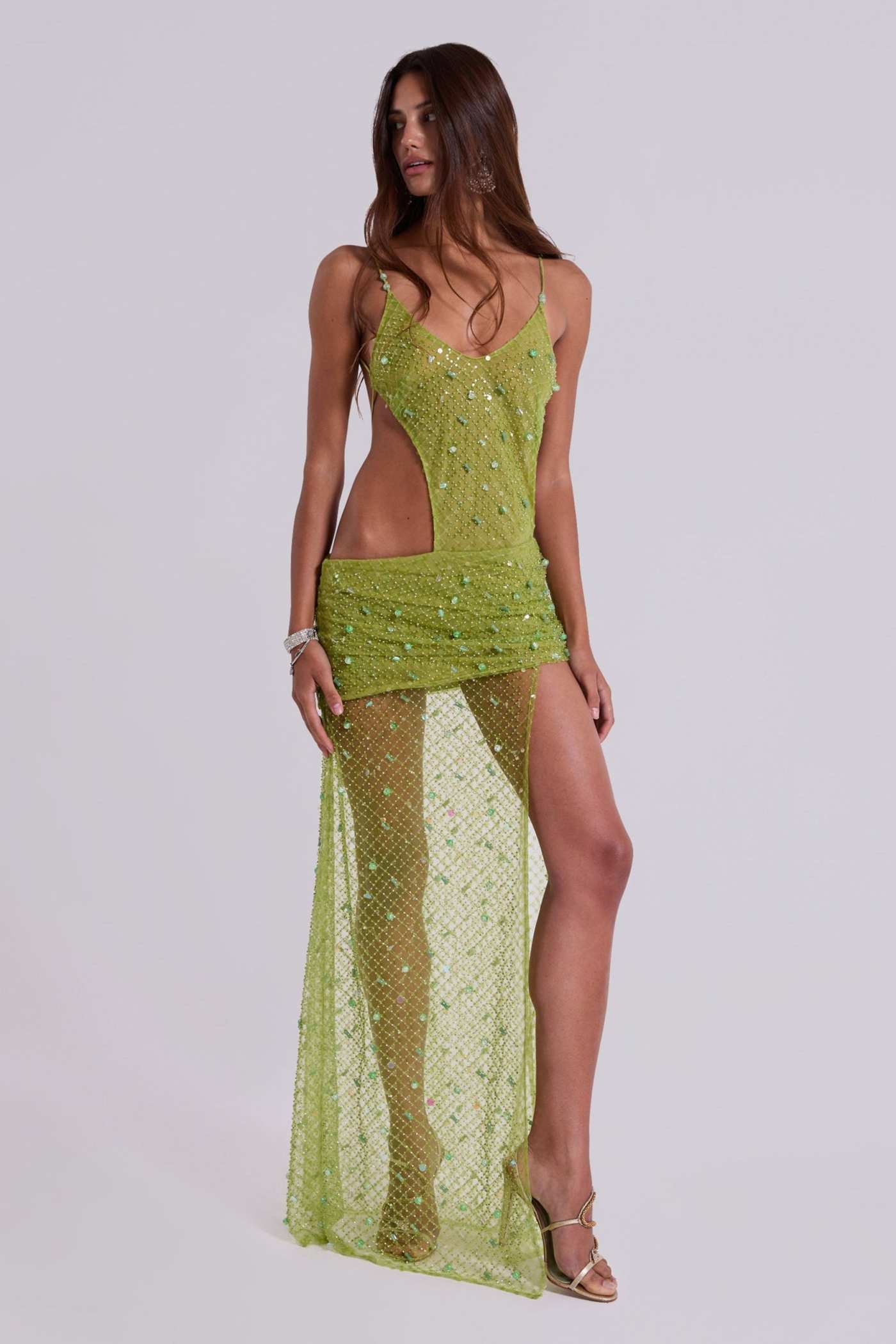 Stellar Asymmetric Hand Beaded Maxi Dress