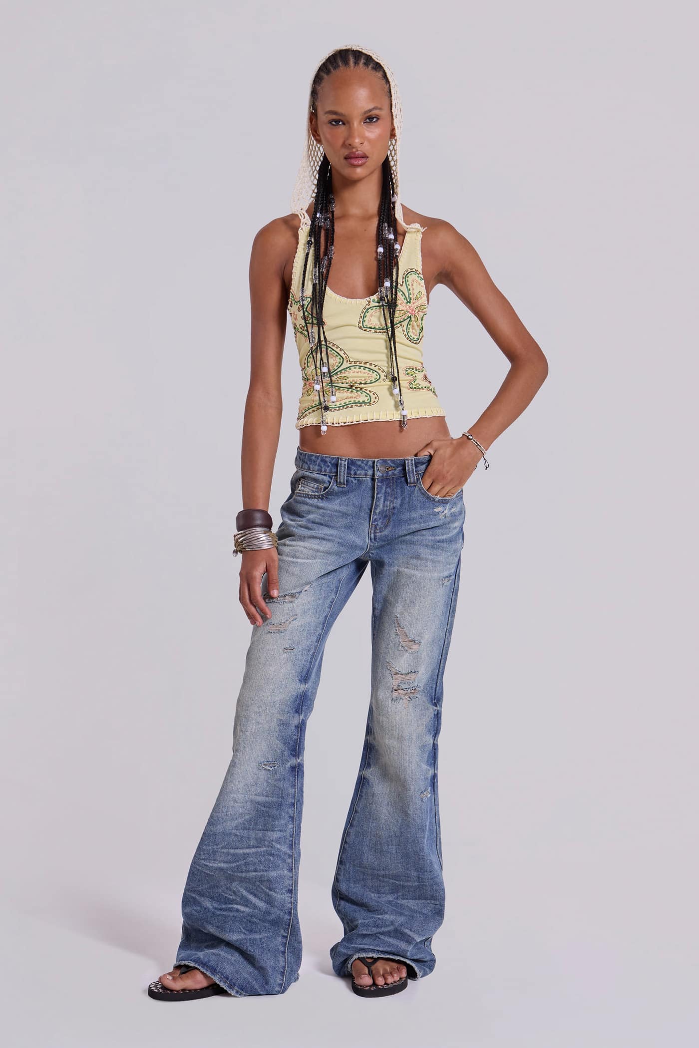 Mid Blue Distressed Creased Drift Flared Jeans | Jaded London