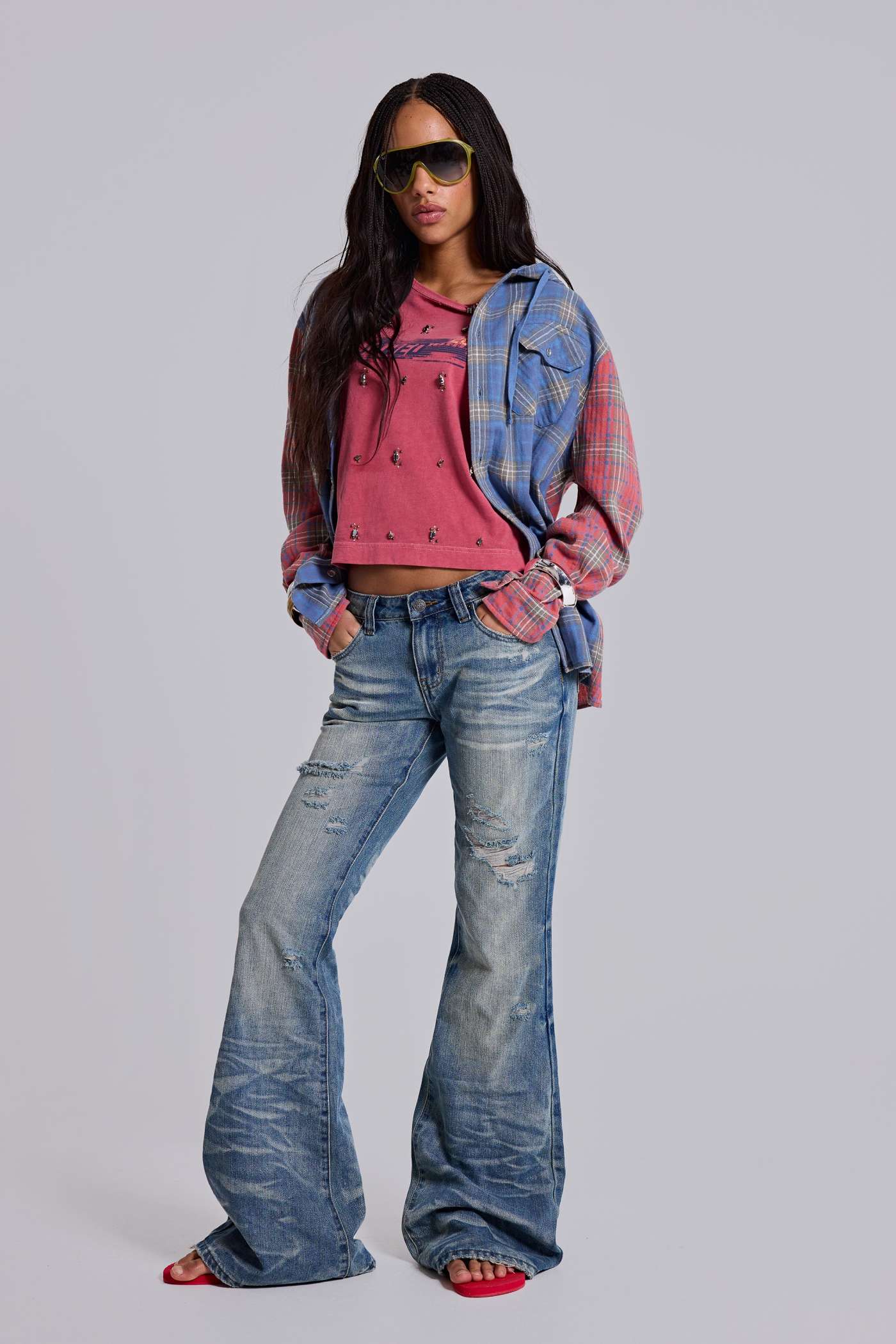 Mid Blue Distressed Creased Drift Flared Jeans