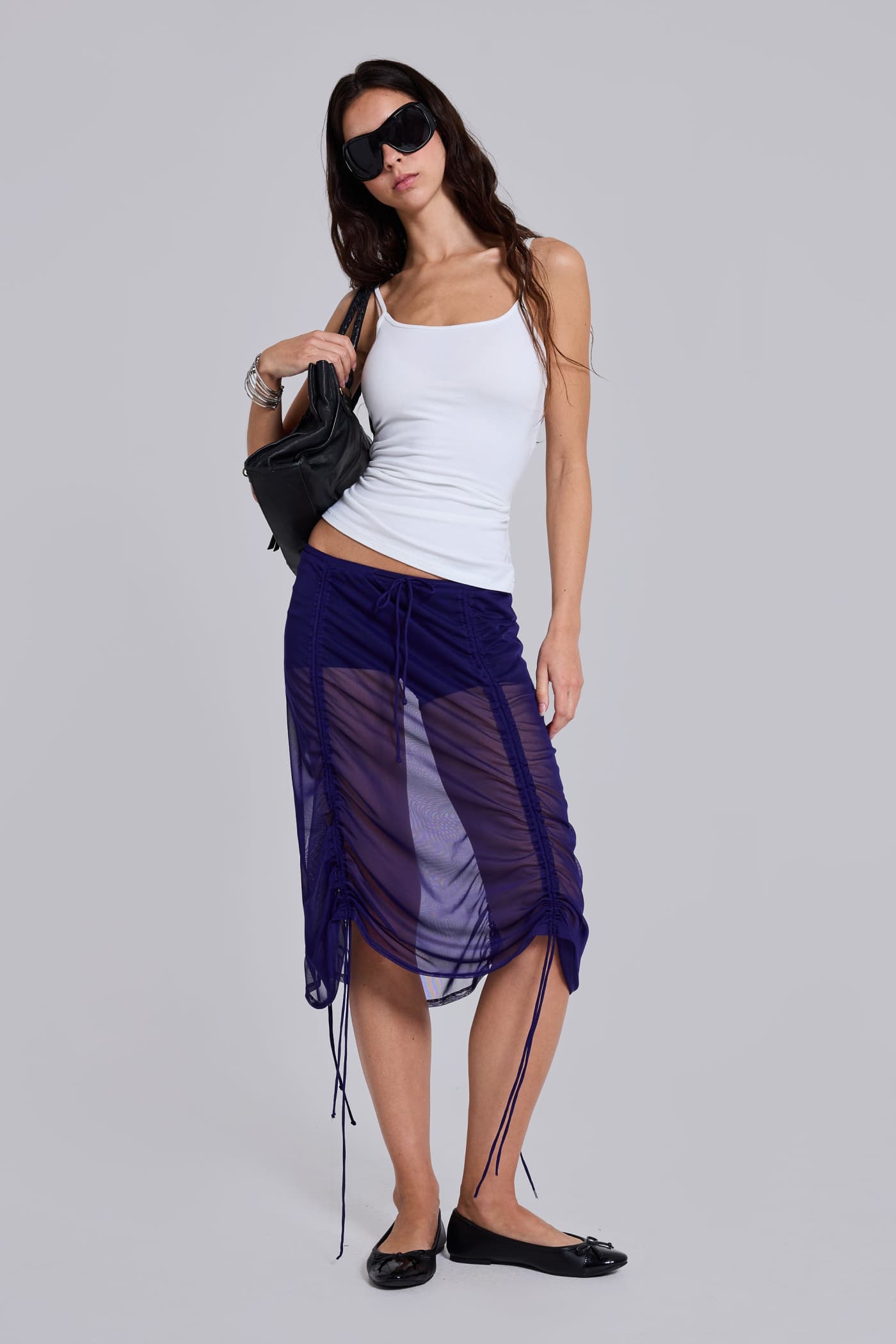 Velare Ruched Mesh Midi Skirt