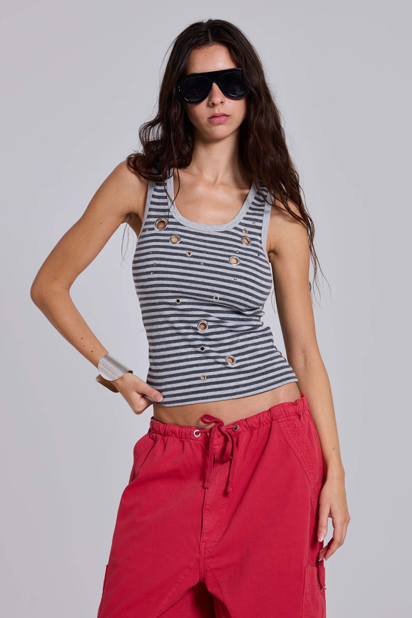 Eye Contact Vest Top With Eyelets in Stripe