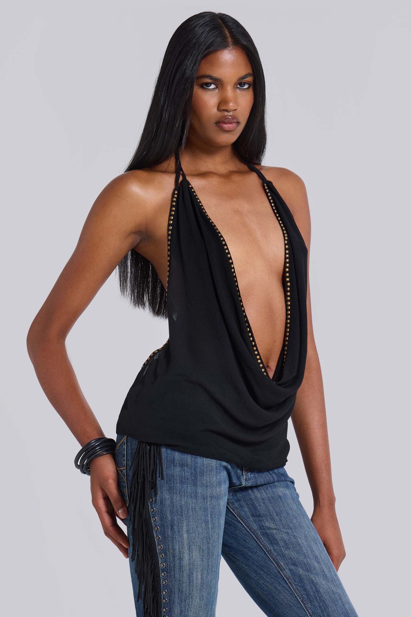 Tatiana Backless Studded Top in Black