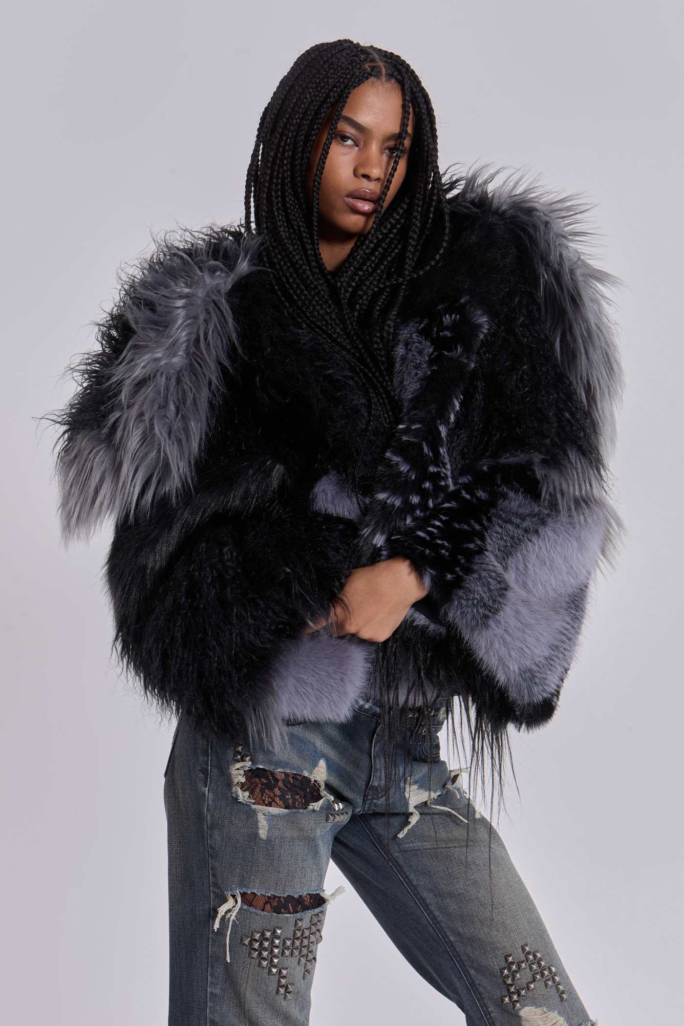 Oksana Patchwork Faux Fur Coat in Black