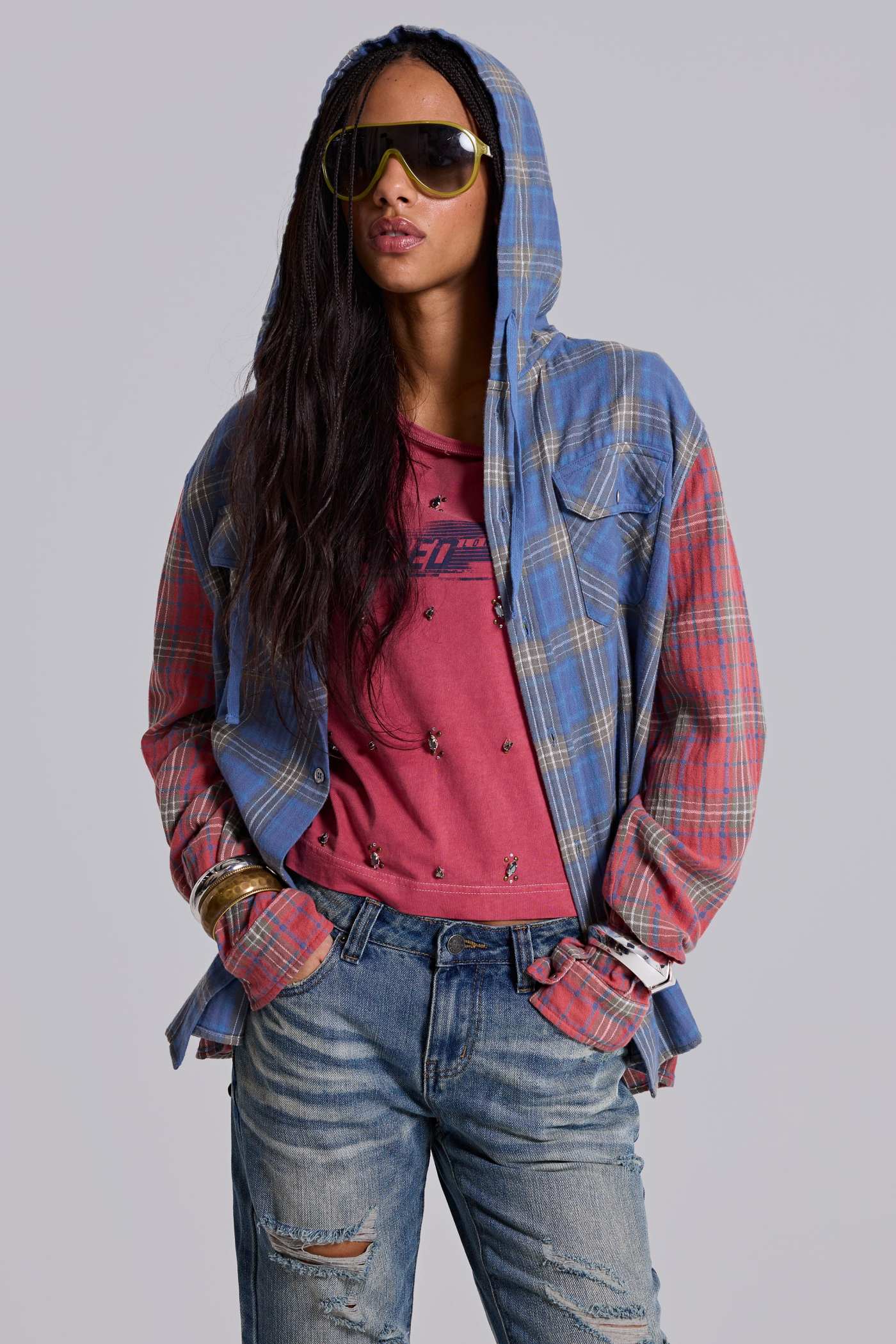 Checked Button-Up Hooded Shirt