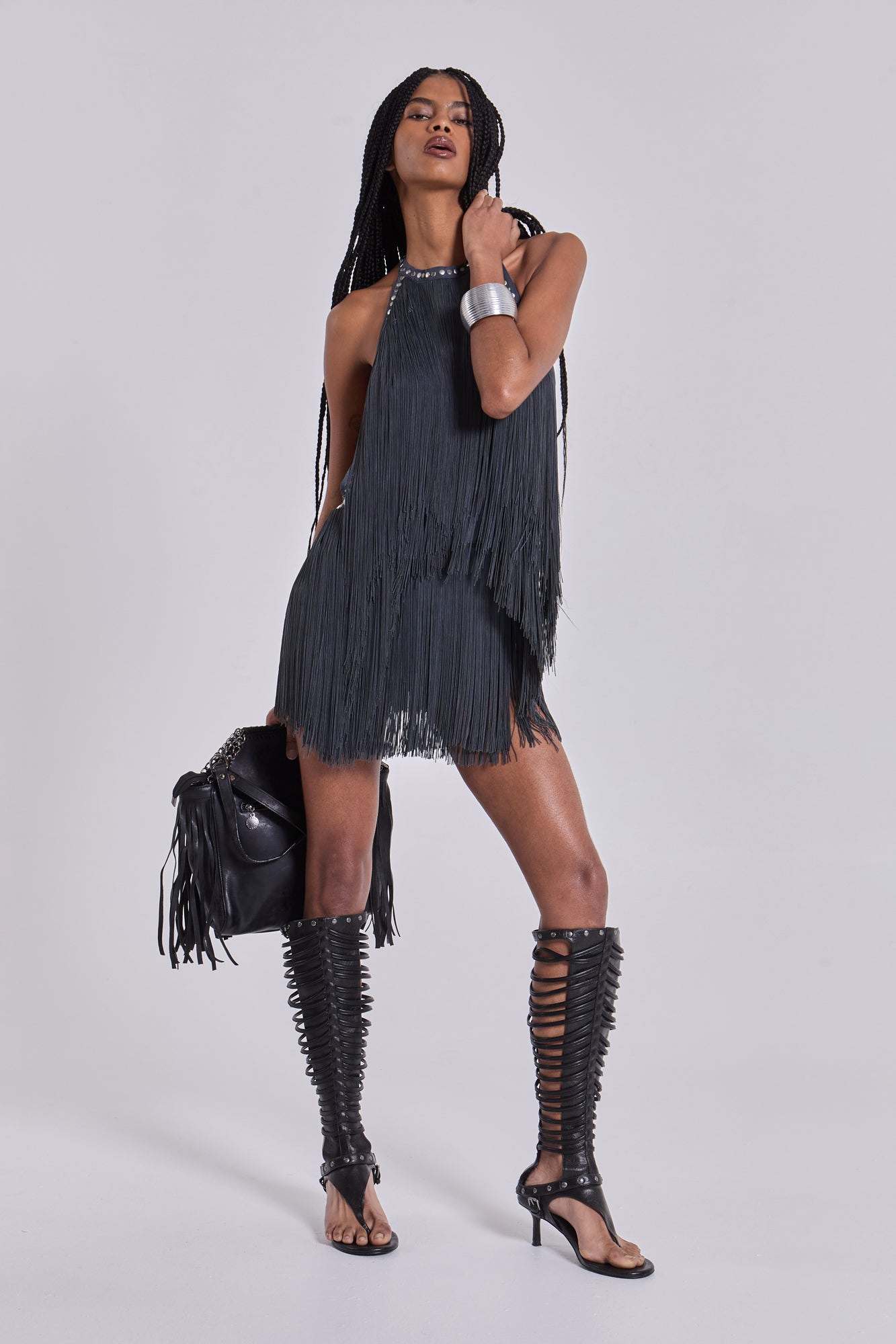 Vadra Backless Fringe Mini Dress
