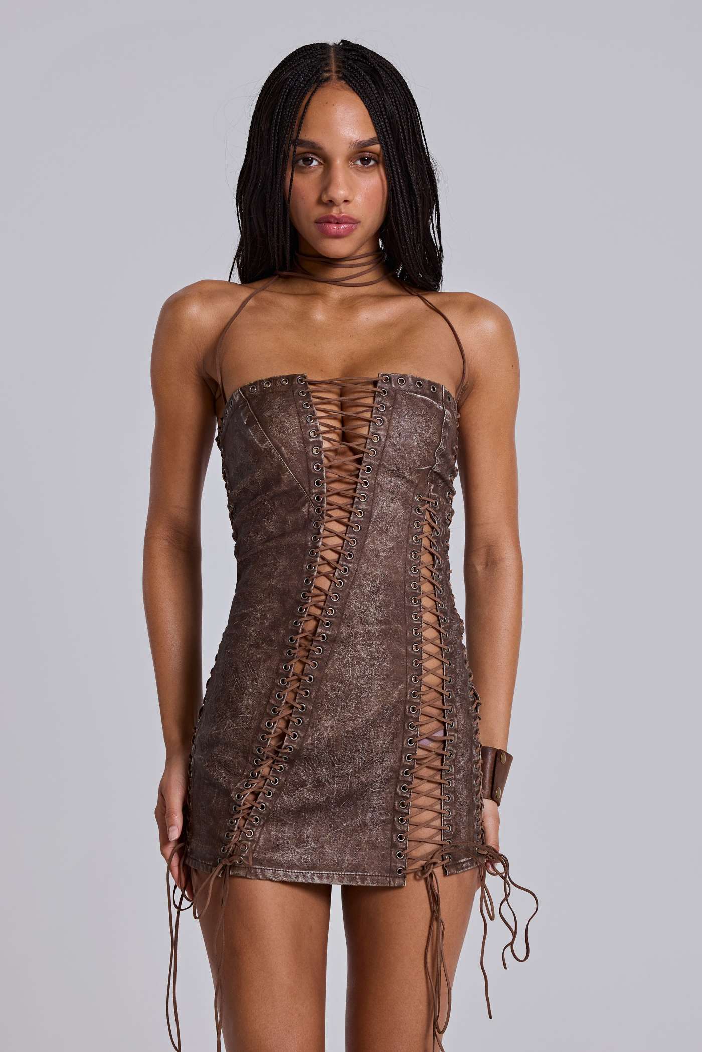 Odile Brown Faux Leather Lace Up Mini Dress