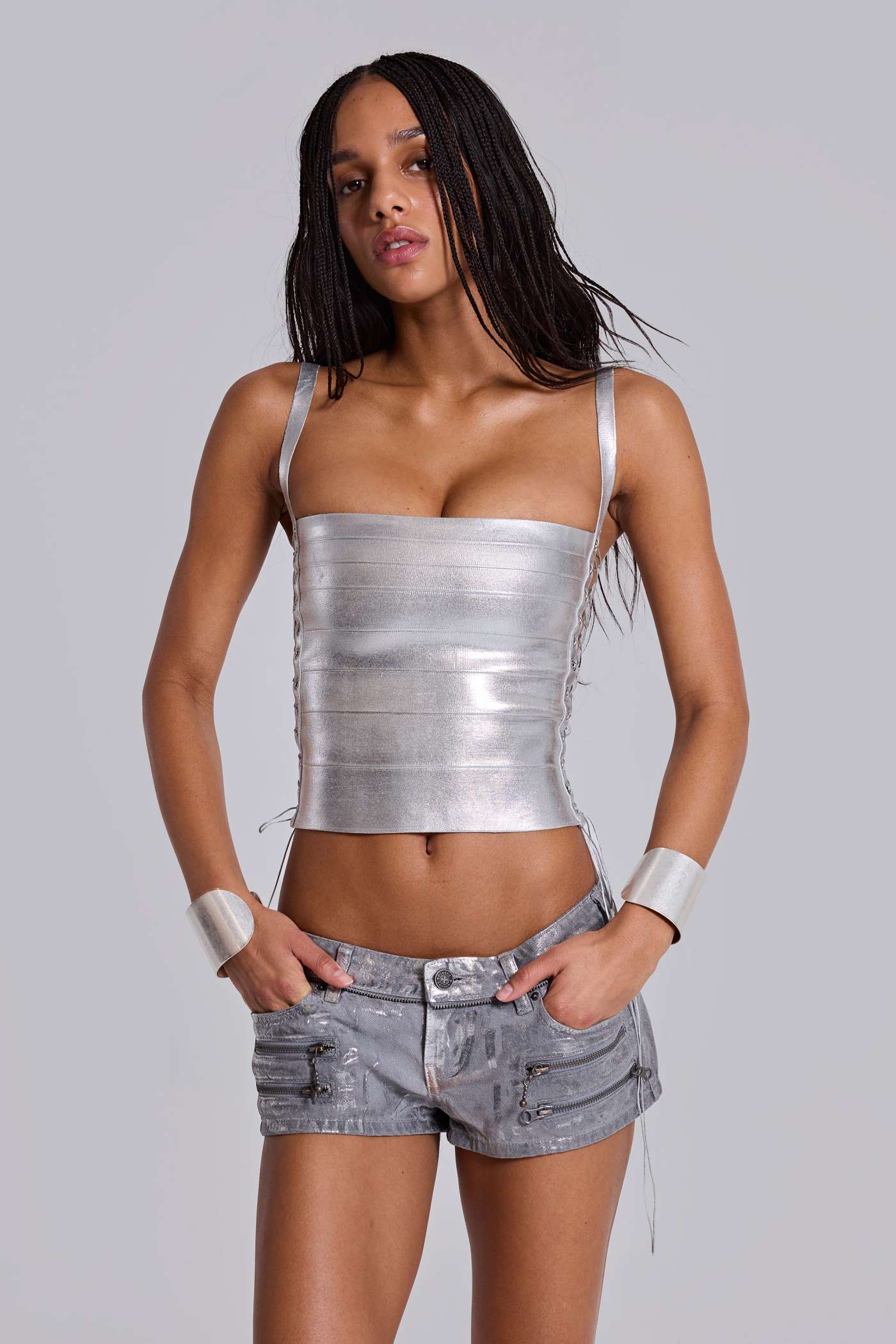 Ardor Coated Mini Denim Shorts in Silver