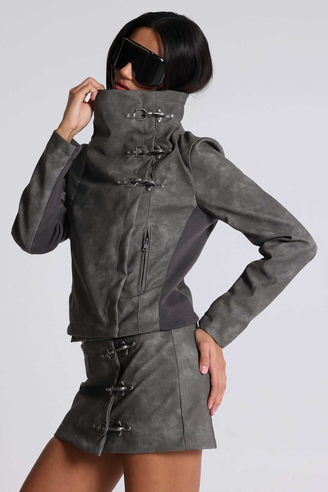 Cera Clasp PU Leather Funnel Jacket