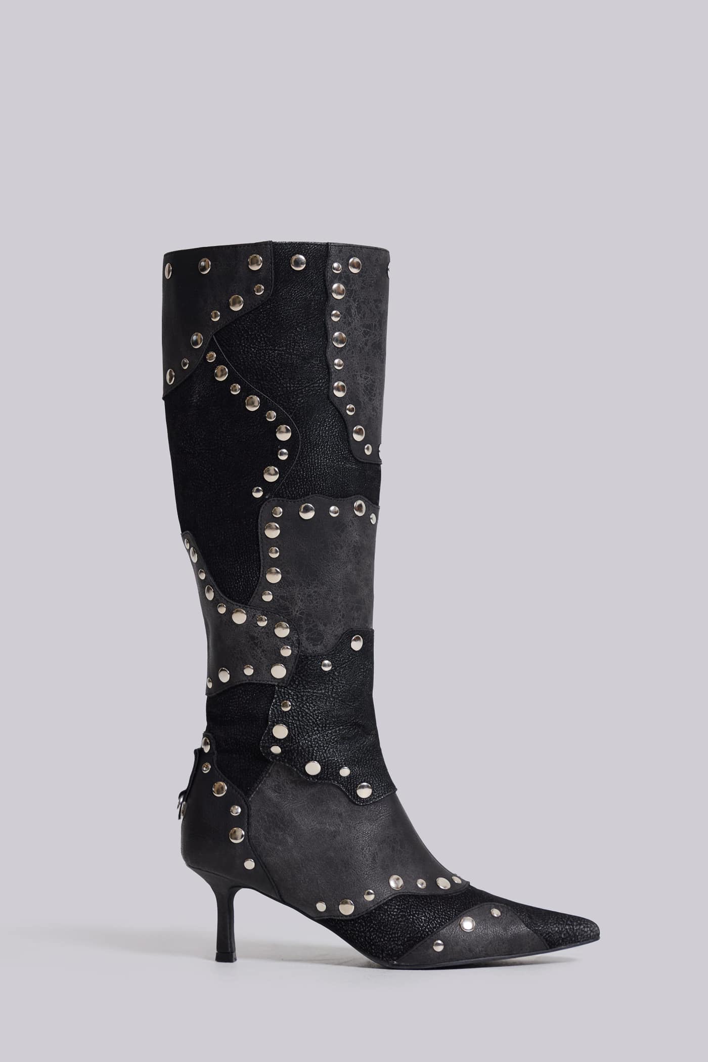 Studded And Buckled Leather Knee High Boots