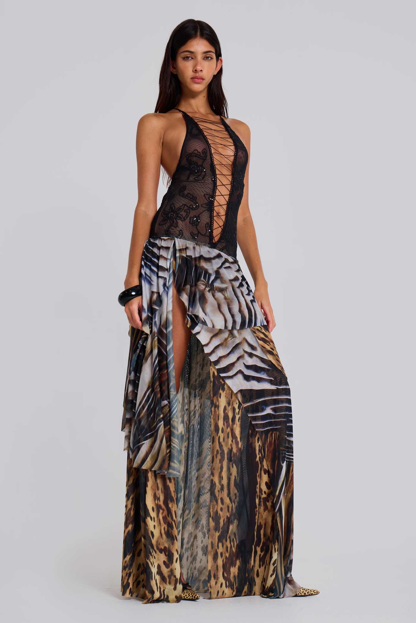 Sade Strapless Sheer Panel Ruched Maxi Dress Lilac