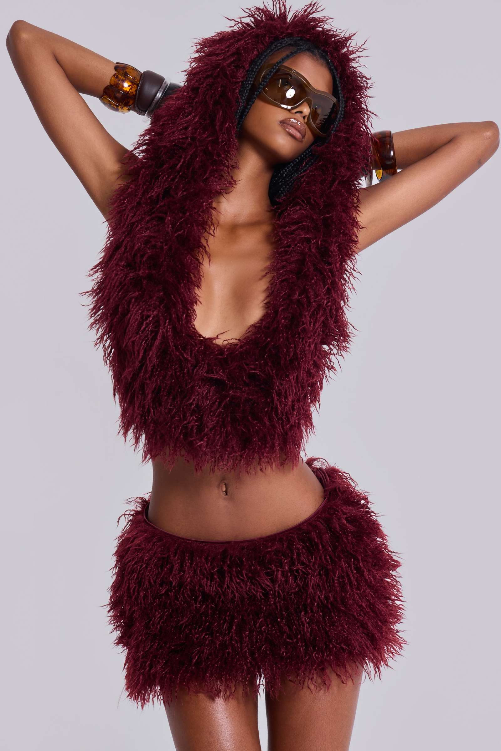Haka Faux Fur Mini Skirt in Wine | Jaded London | Clothing