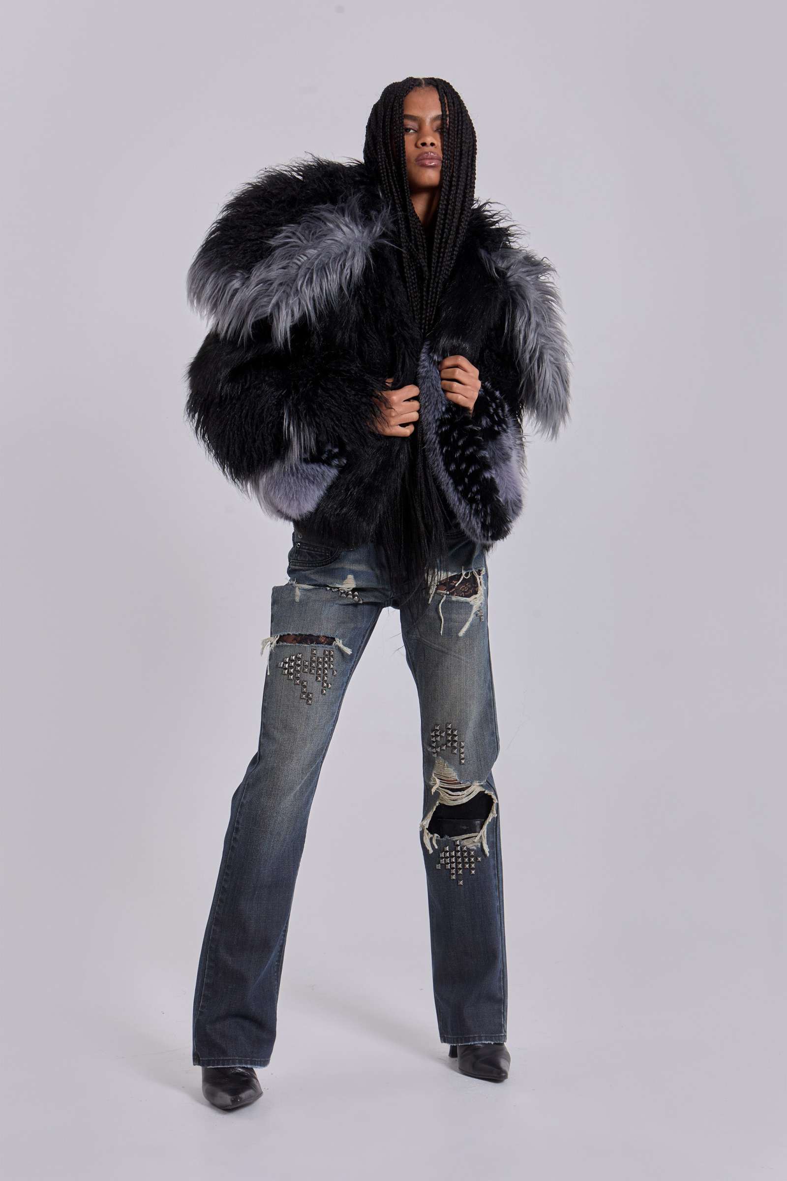 Oksana Patchwork Faux Fur Coat in Black