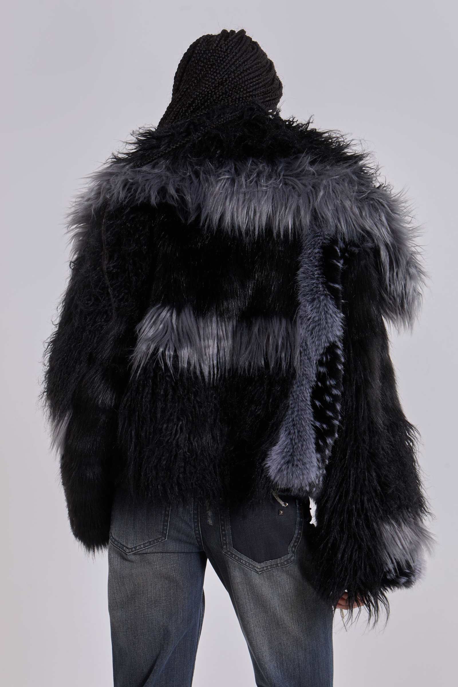 Oksana Patchwork Faux Fur Coat in Black
