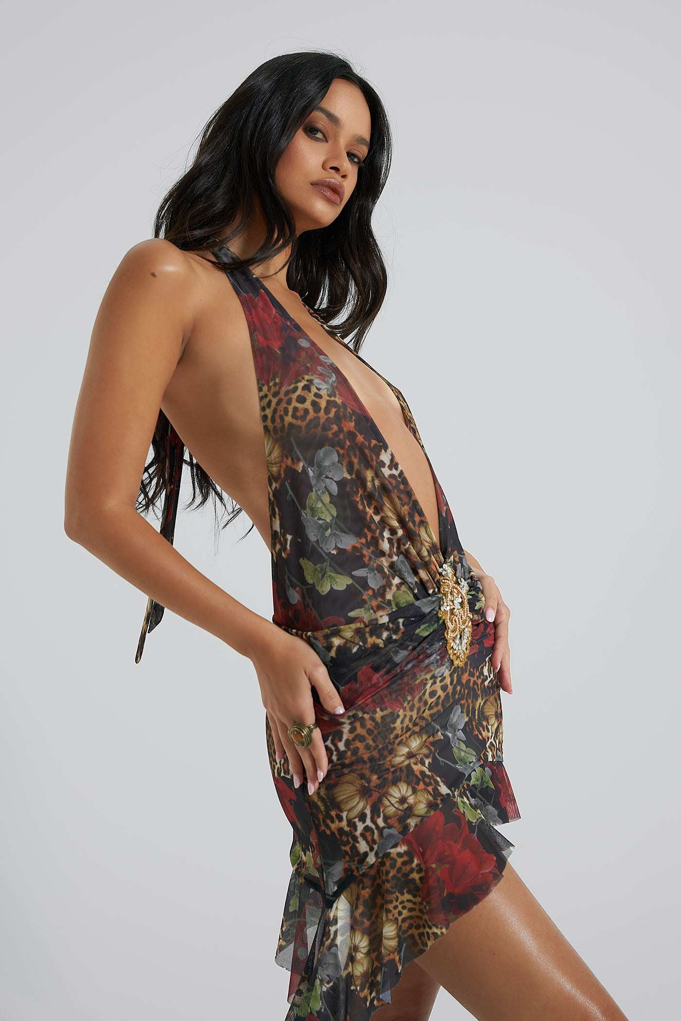 Cindy Plunge Mini Dress in Floral