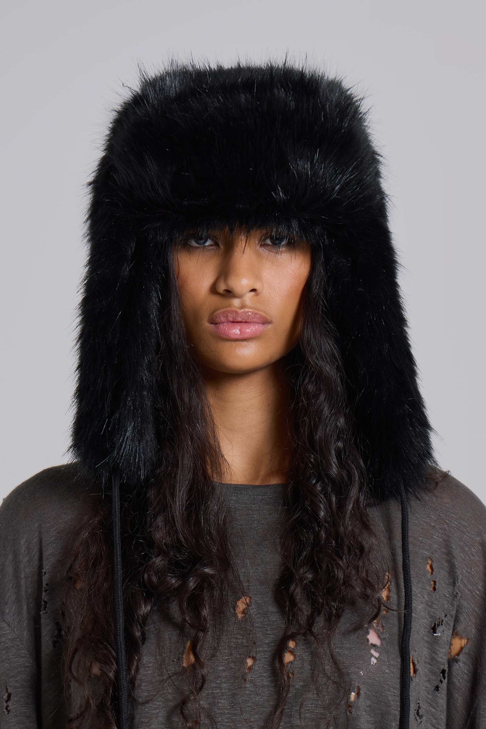 Black Faux Fur Trapper Hat