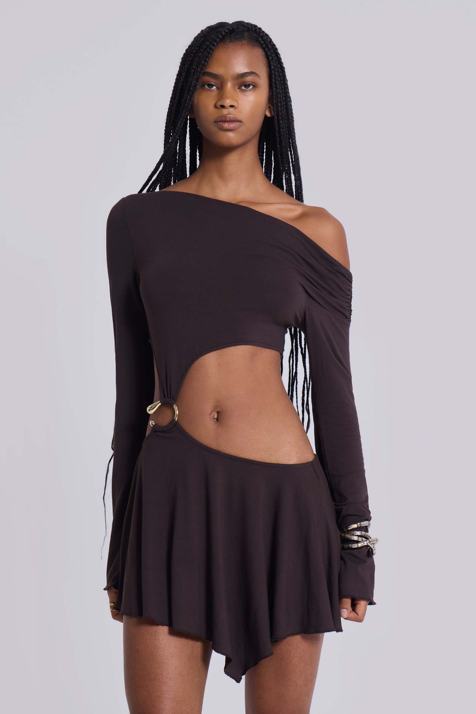 Dera Asymmetric Cut Out Mini Dress in Brown | Jaded London | Clothing Dera Asymmetric Cut Out Mini Dress in Brown | Jaded London | Clothing