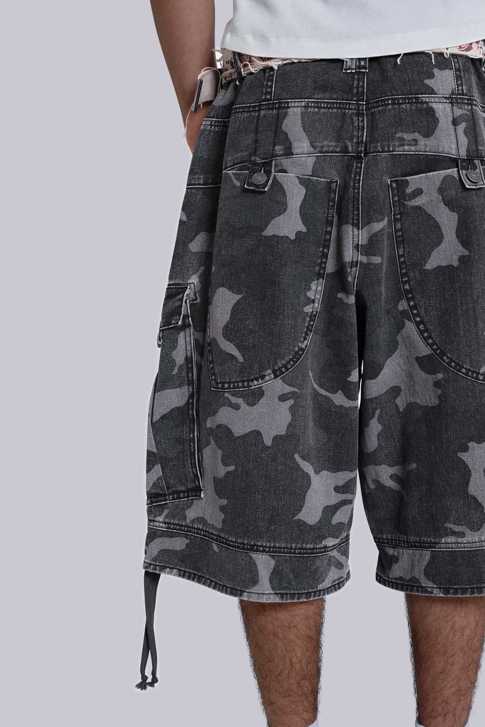 Washed Black Cadet Camo Baggy Shorts