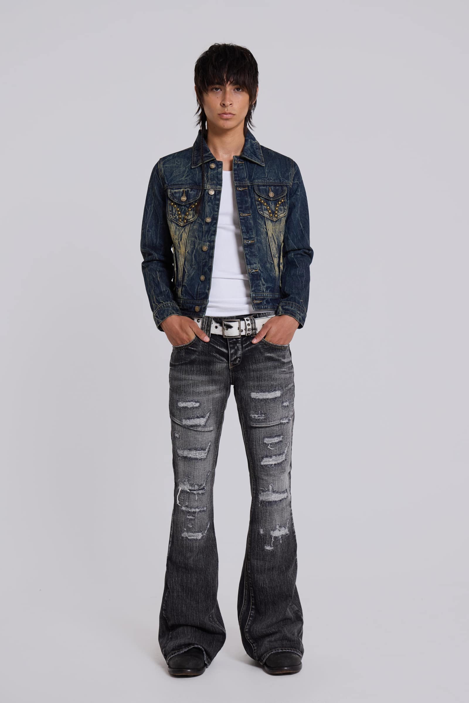 Washed Black Laced Flared Jeans