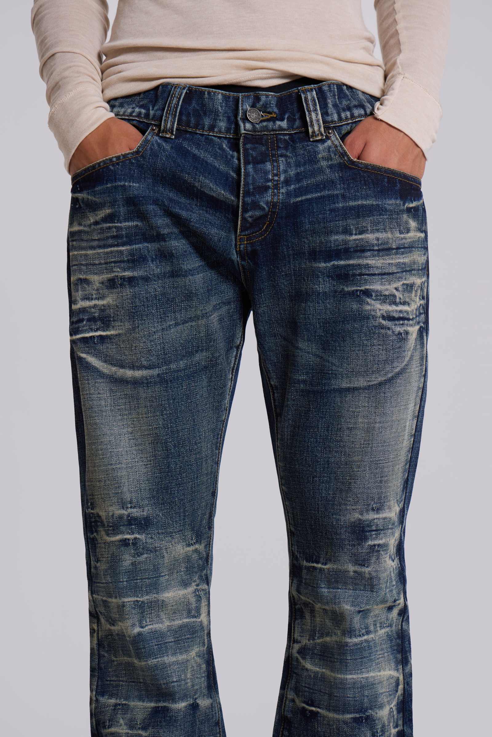 Mid Blue Distressed Creased Drift Flared Jeans | Jaded