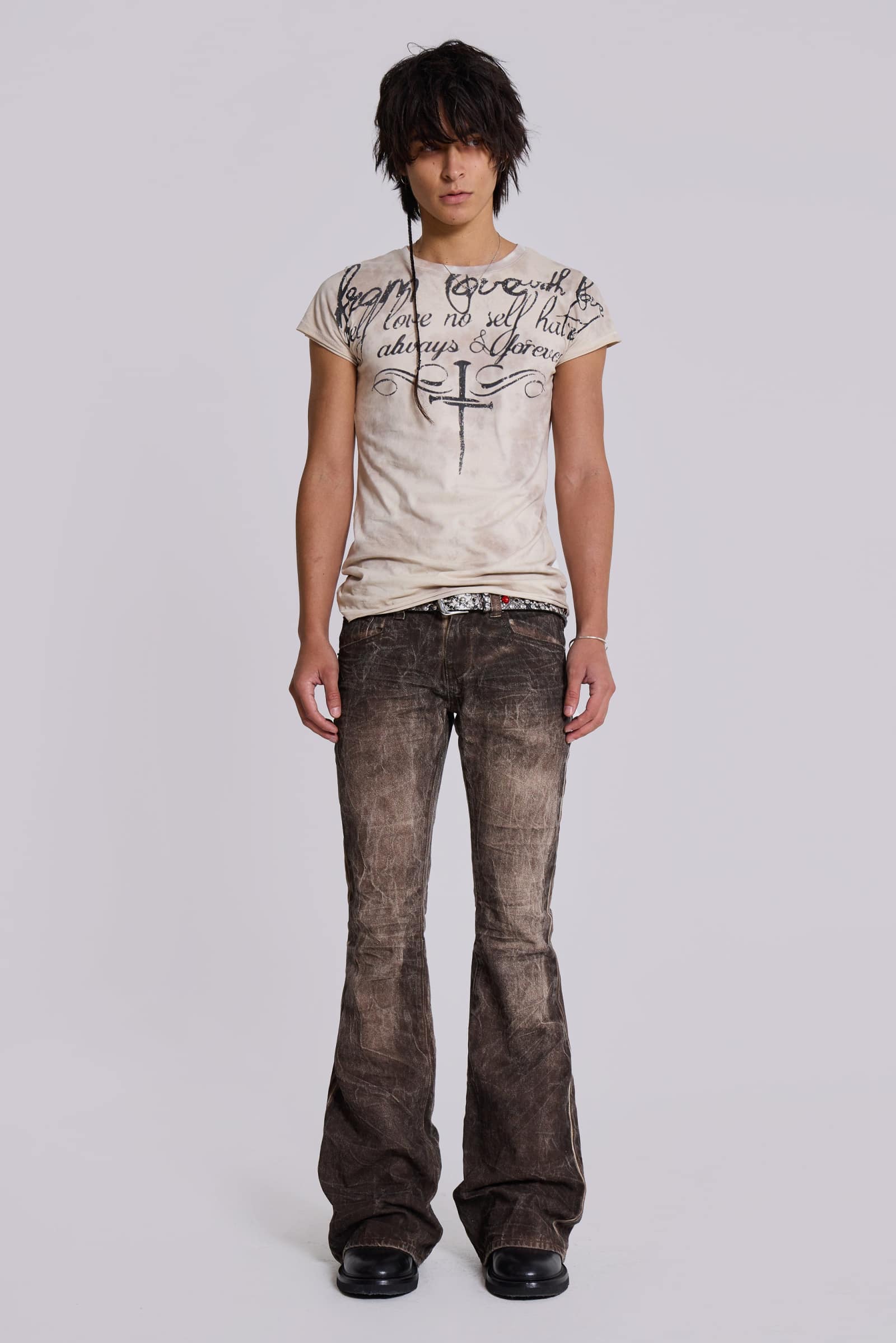 Brown Creased Drift Flared Jeans