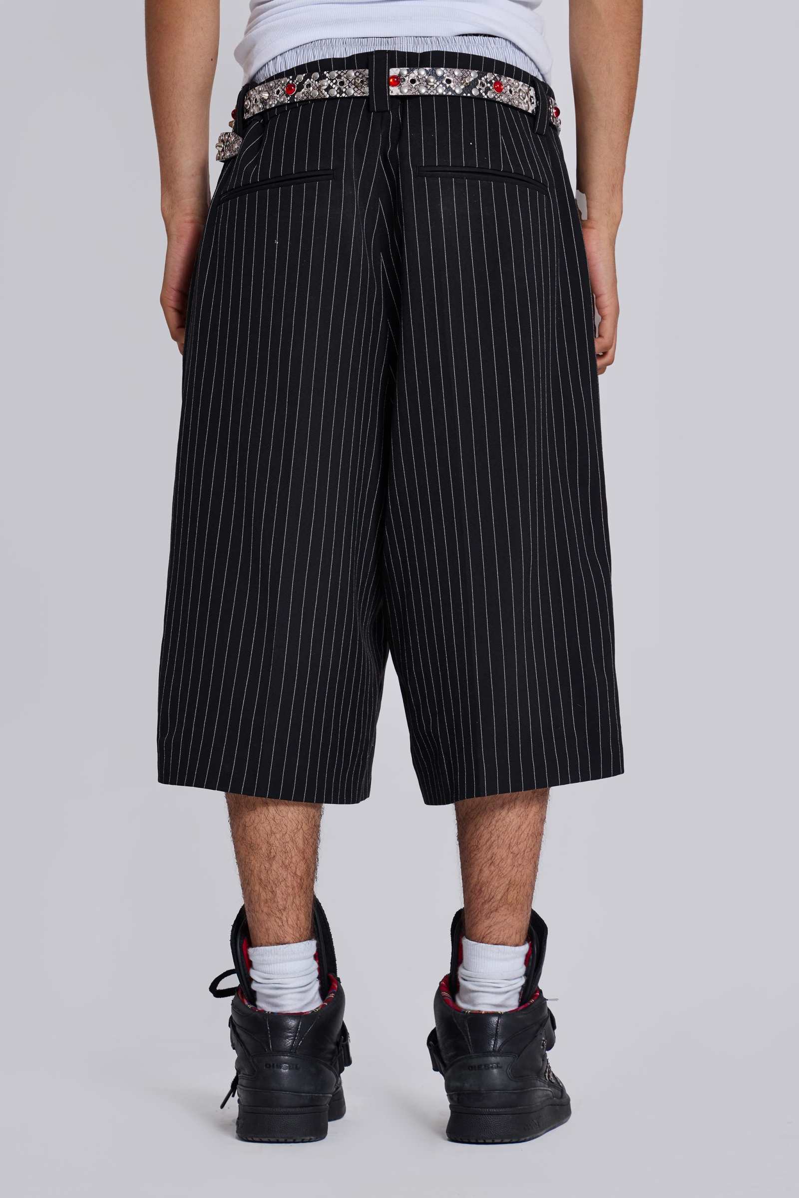 Shop Black Pinstripe Goliath Baggy Shorts | Jaded London | Clothing