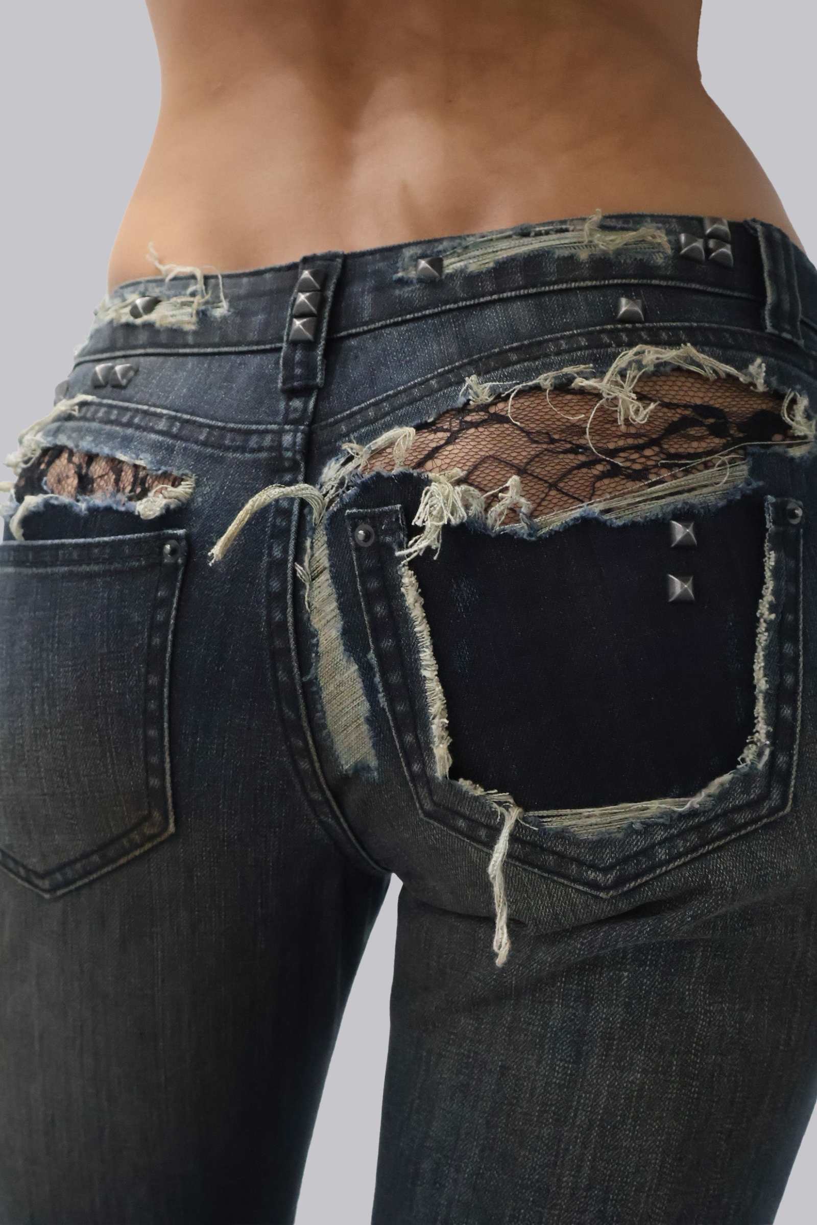 Tori Distressed Lace Low Rise Bootcut Jeans