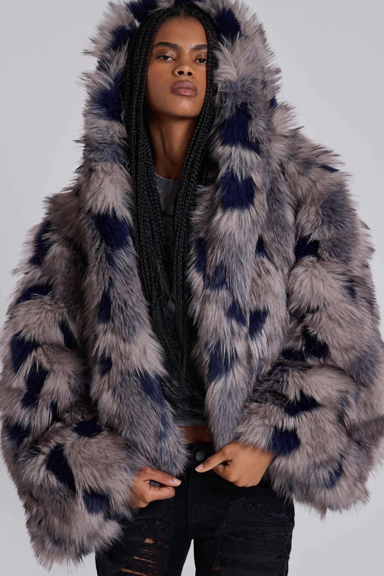 Grey Wolf Fur Coat Long Womens Long Grey Fur Coat CD FAUX WOLF FUR