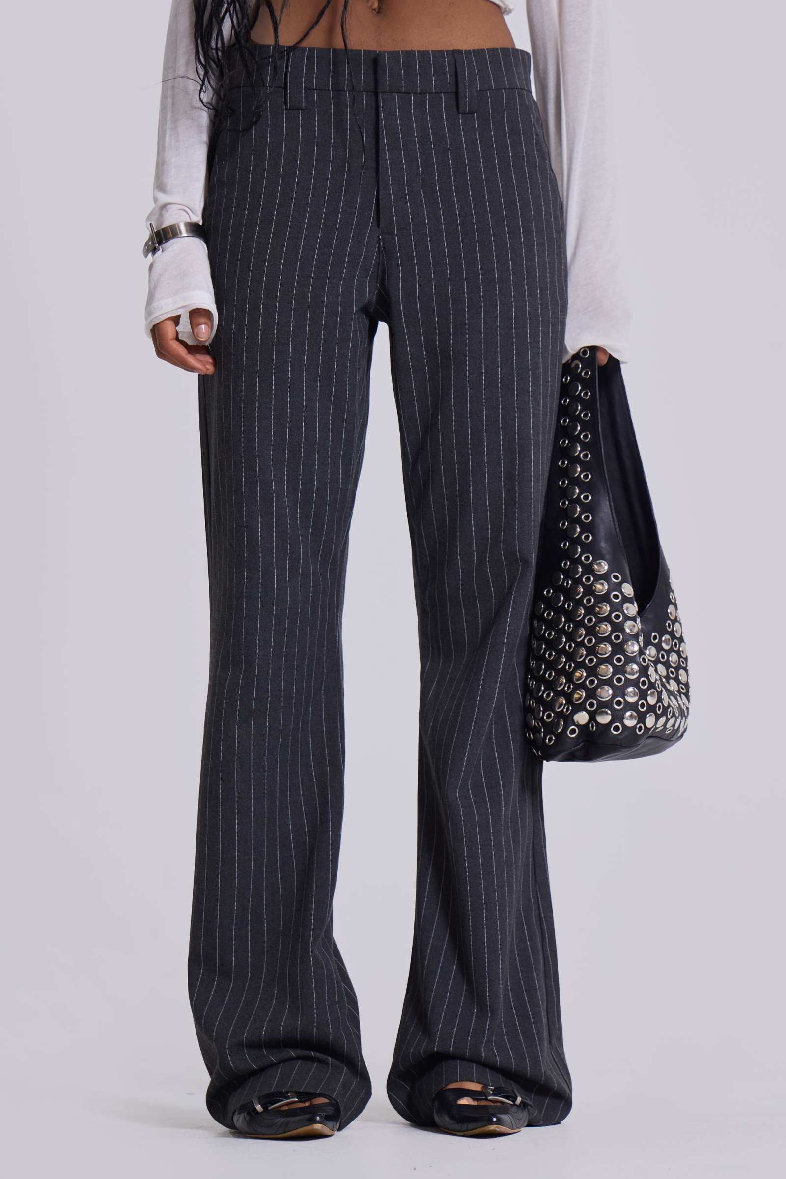 Grey Pinstripe Stacked Bootcut Suit Pants