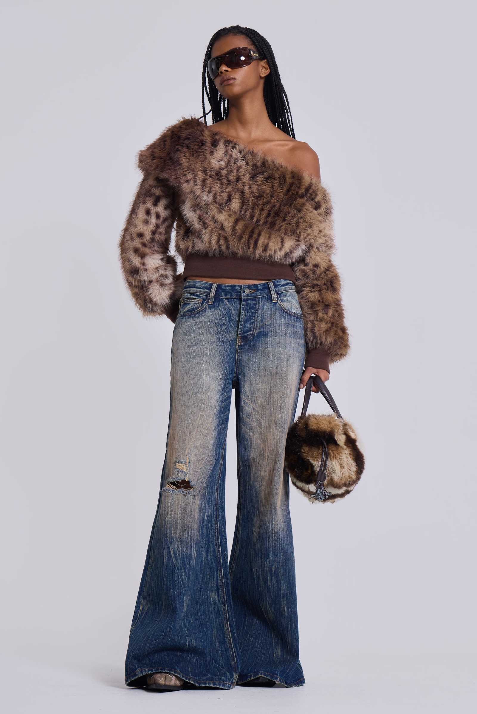 316 Off Shoulder Fur Jumper in Leopard