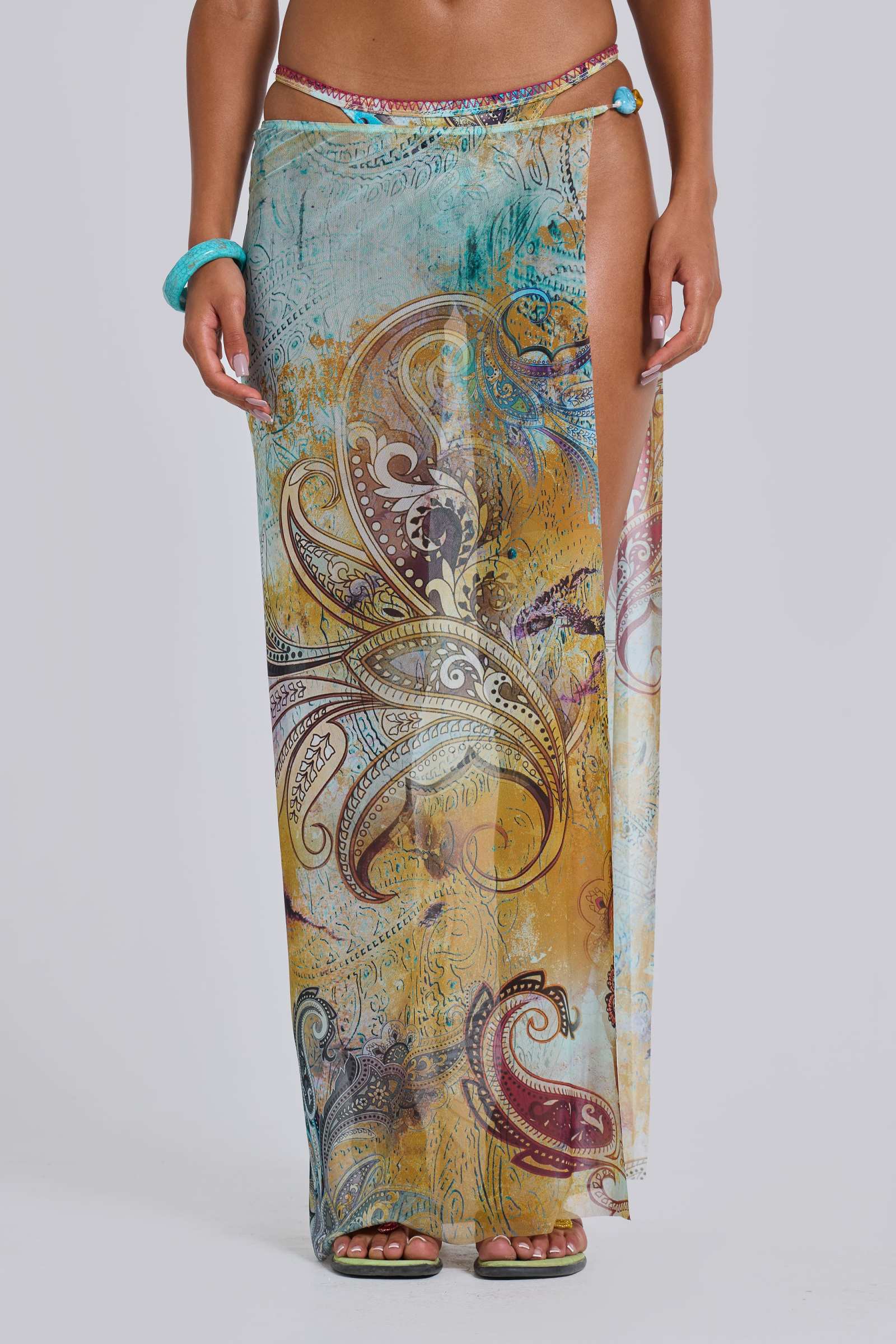 Daria Mesh Maxi Sarong Skirt With Beaded Trim