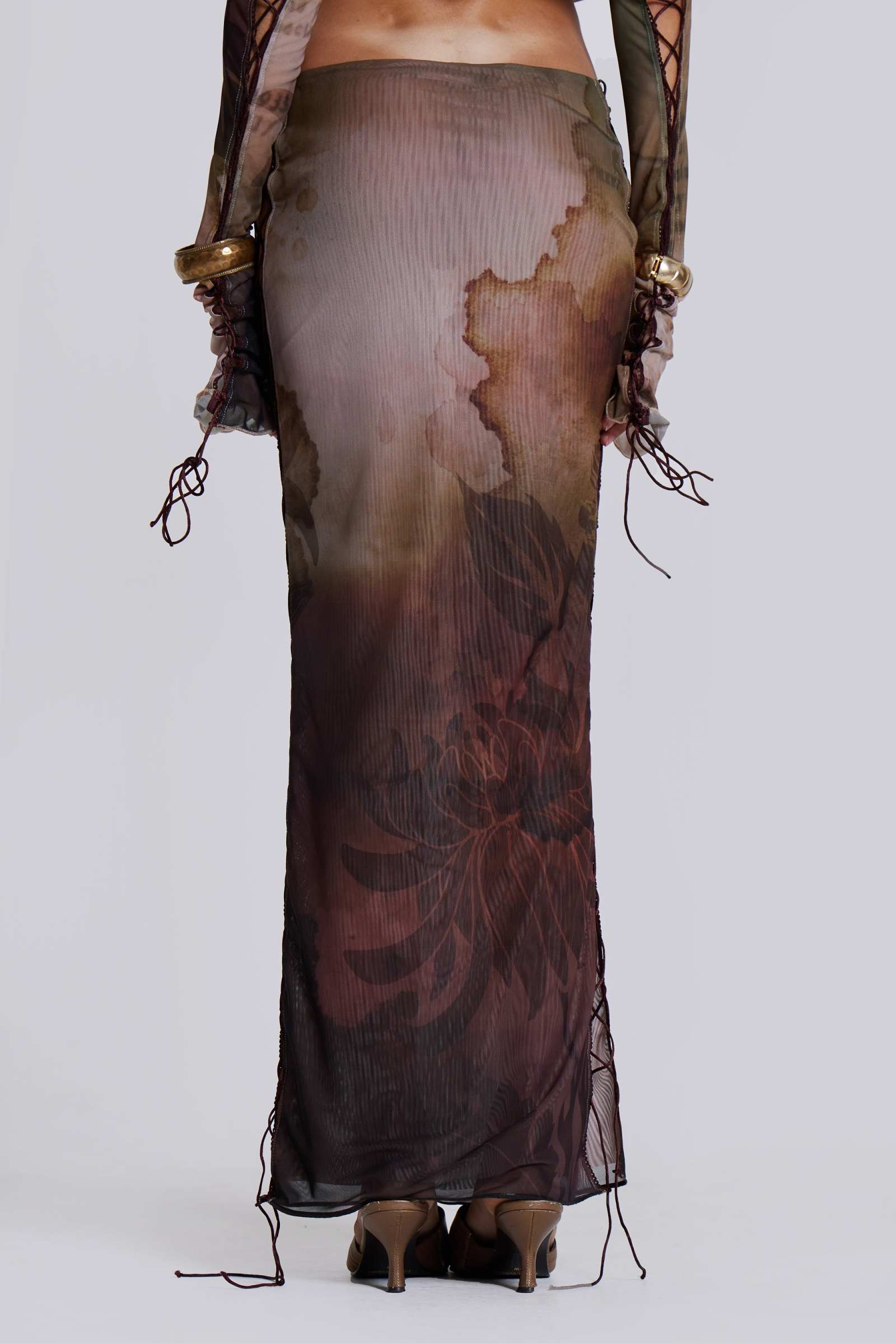 スカート Nodress Lace Trim Brown Netting Long Skirt Nodress Lace Trim Brown Netting Long Skirt – Nφdress