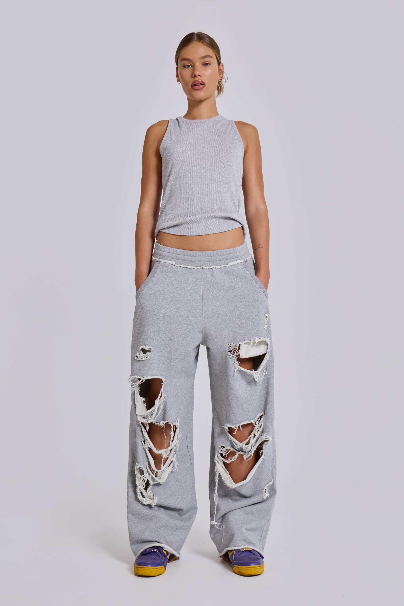 Distressed Grey Marl Baggy Monster Joggers