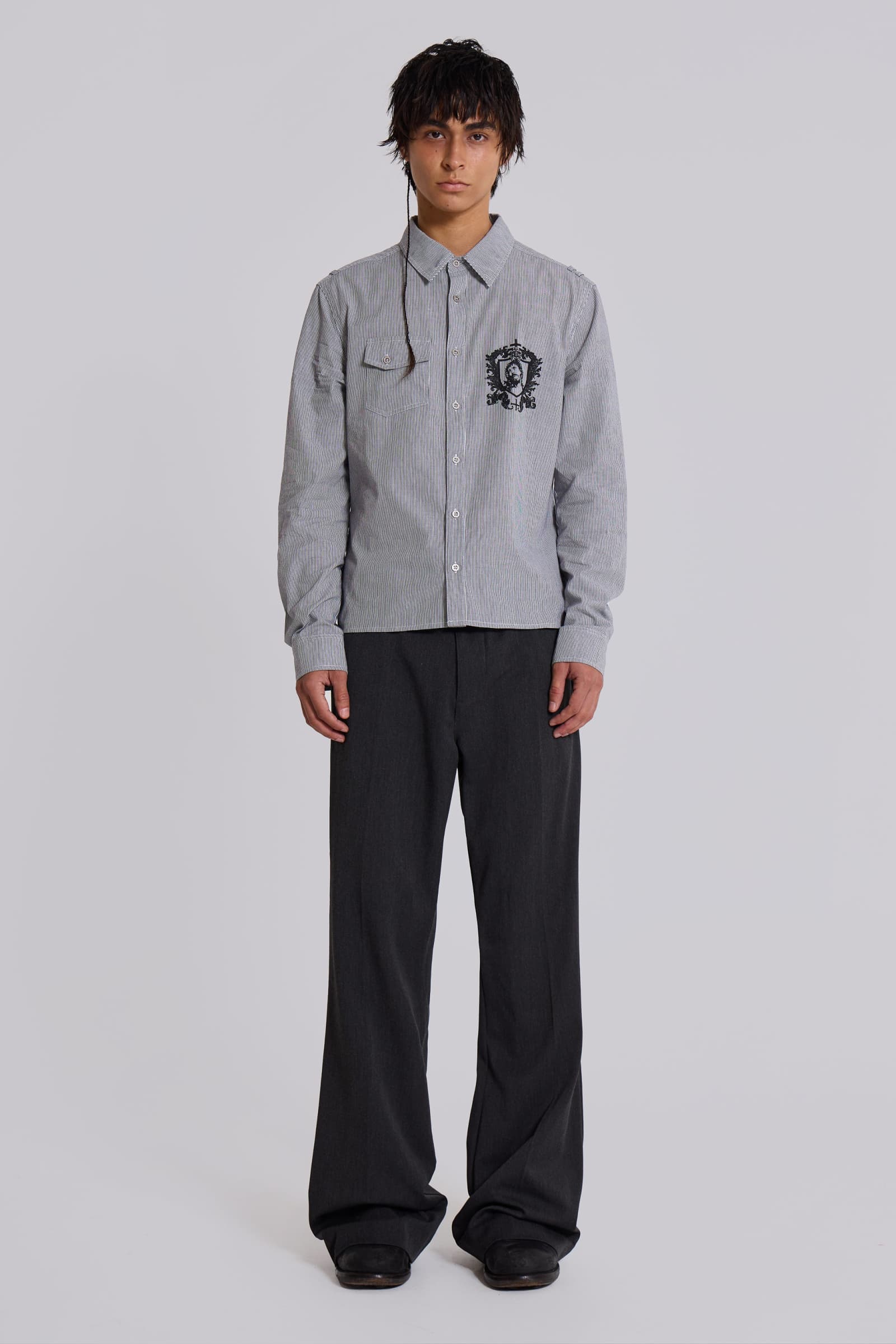 Grey Pinstripe Stacked Bootcut Suit Pants | Jaded London