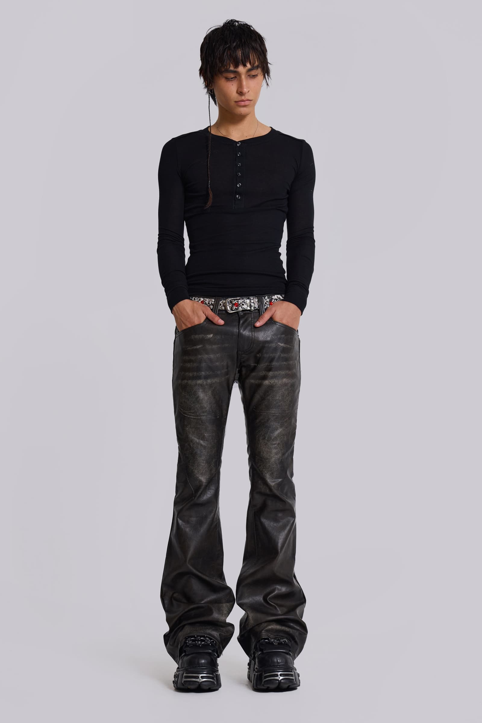 Washed Black PU Drift Flared Jeans