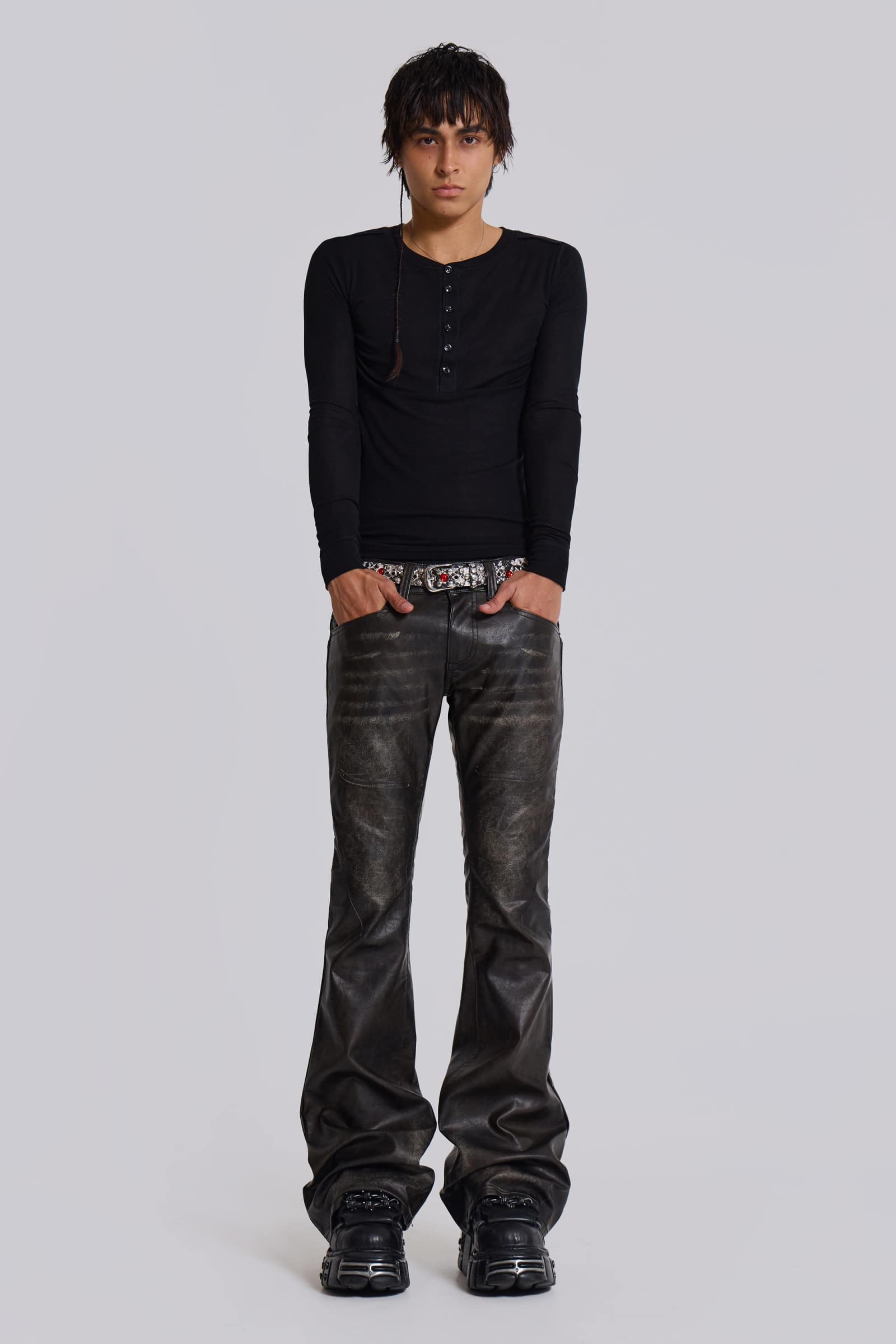 Washed Black PU Drift Flared Jeans