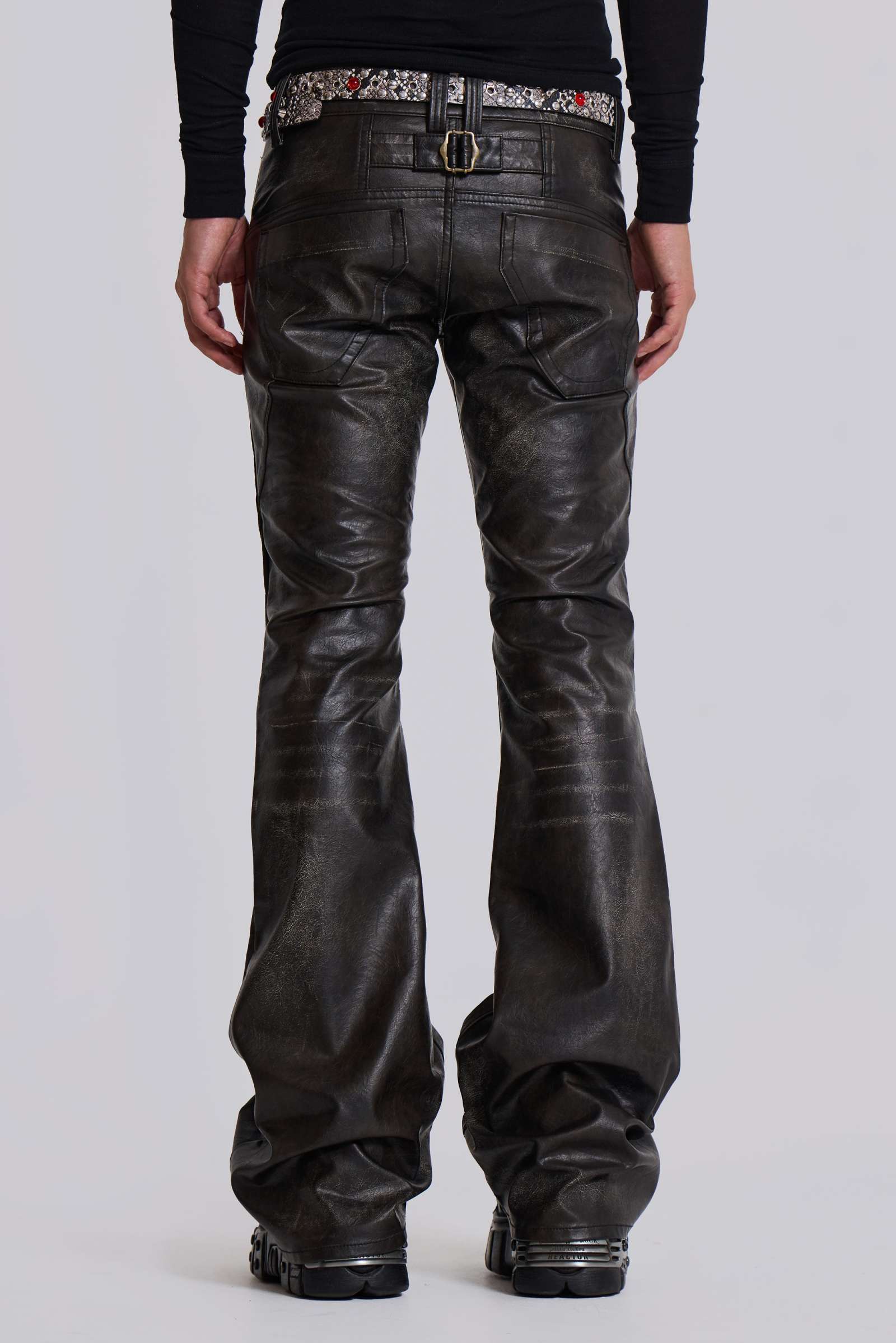 Washed Black PU Drift Flared Jeans